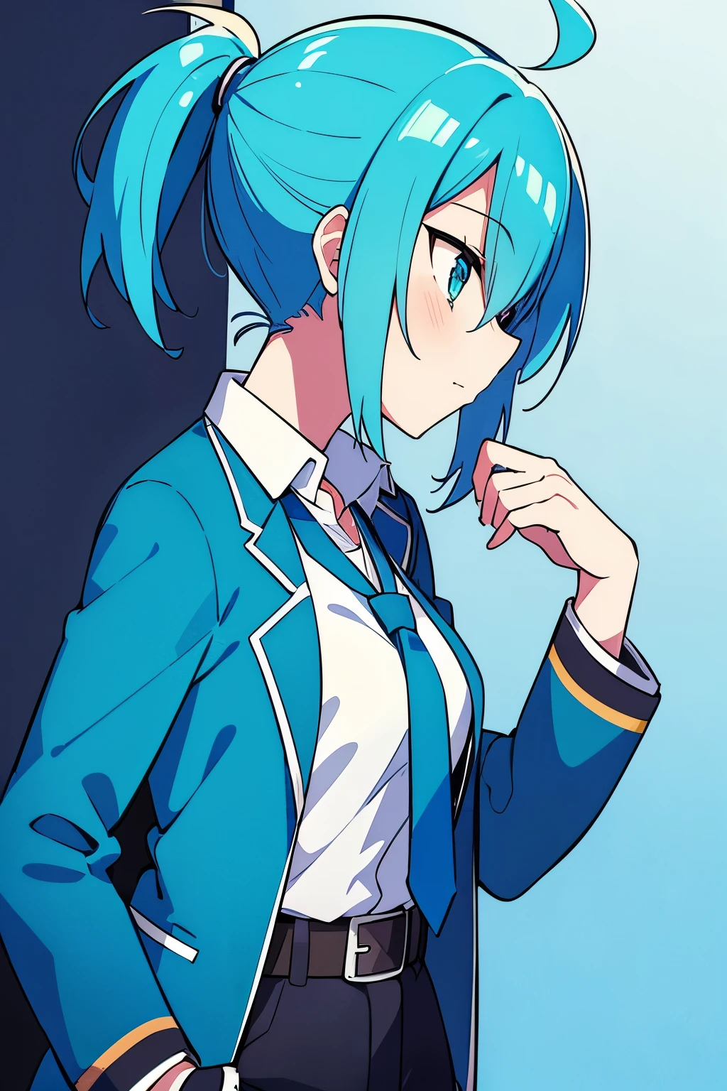 Drawing of a girl with blue hair and a blue jacket, rimuru, 2 d anime style, profile shot of rimuru tempest, rimuru tempest, 2 D Anime, Fubuki, full face shot of rimuru tempest, short hair, Anime girl with teal hair, 2d art, 2 d art, Ponytail Girl, Blue tie, White shirt, Indigo Jacket, Brown belt at waist..