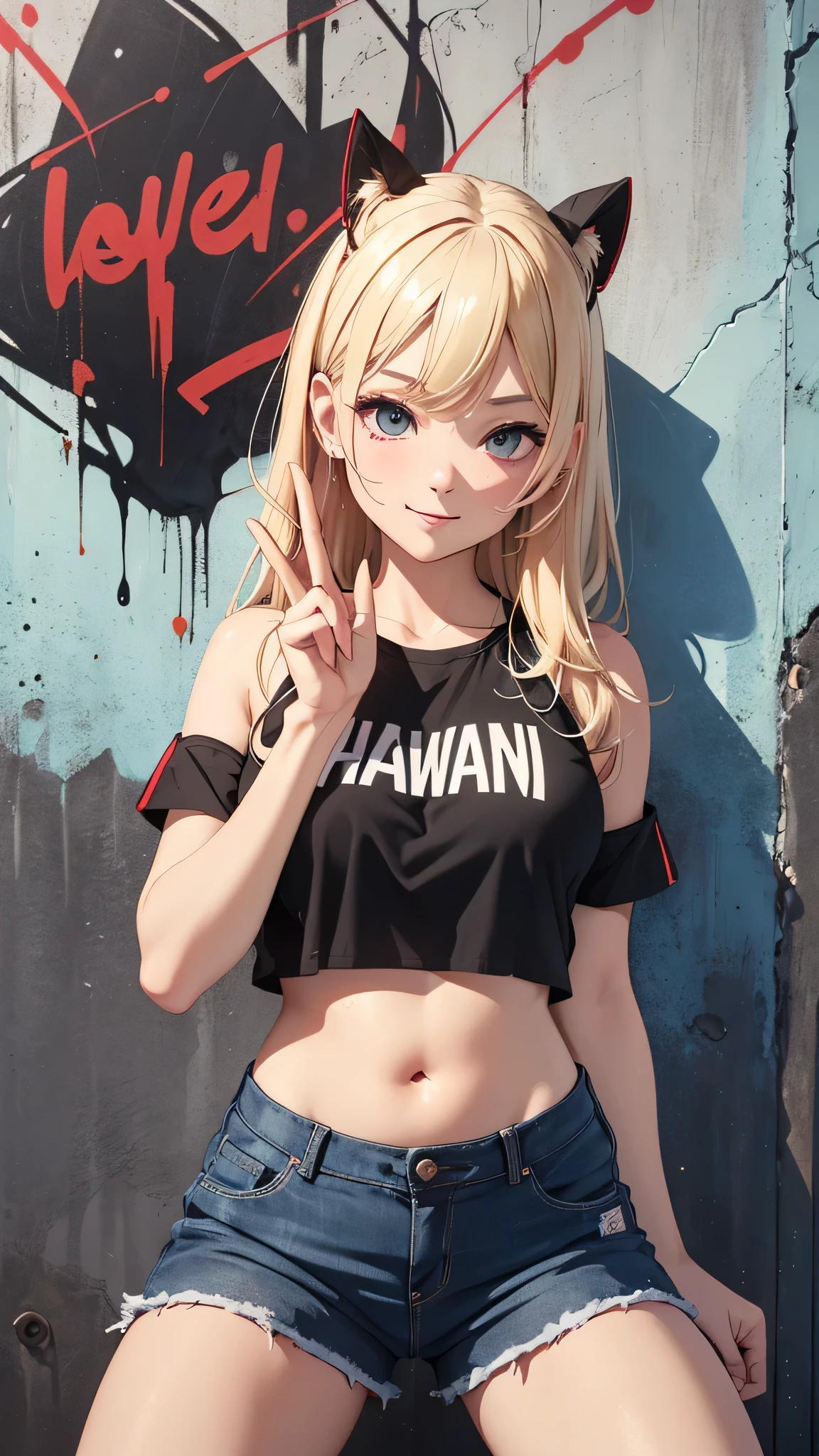 最high quality、Better image quality、masterpiece、adolescent((18 years、 Becoming、vest bust、medium bust,wide open chest tea、black eye, by rubio、Habitual hair、by the wide、delgado,highest valley、black sleeveless t-shirt navel、blue shorts、Holding a spray can、smug face、peace sign、smart跡、black aloha shirt、squat、Open your legs)),high quality、Beautiful art、bottom((shining city、wall、Graffiti、smart、Hawai、Waikiki))debris flies、Depth of written limit、movie、Visual art、perfect art、8k,Genuine