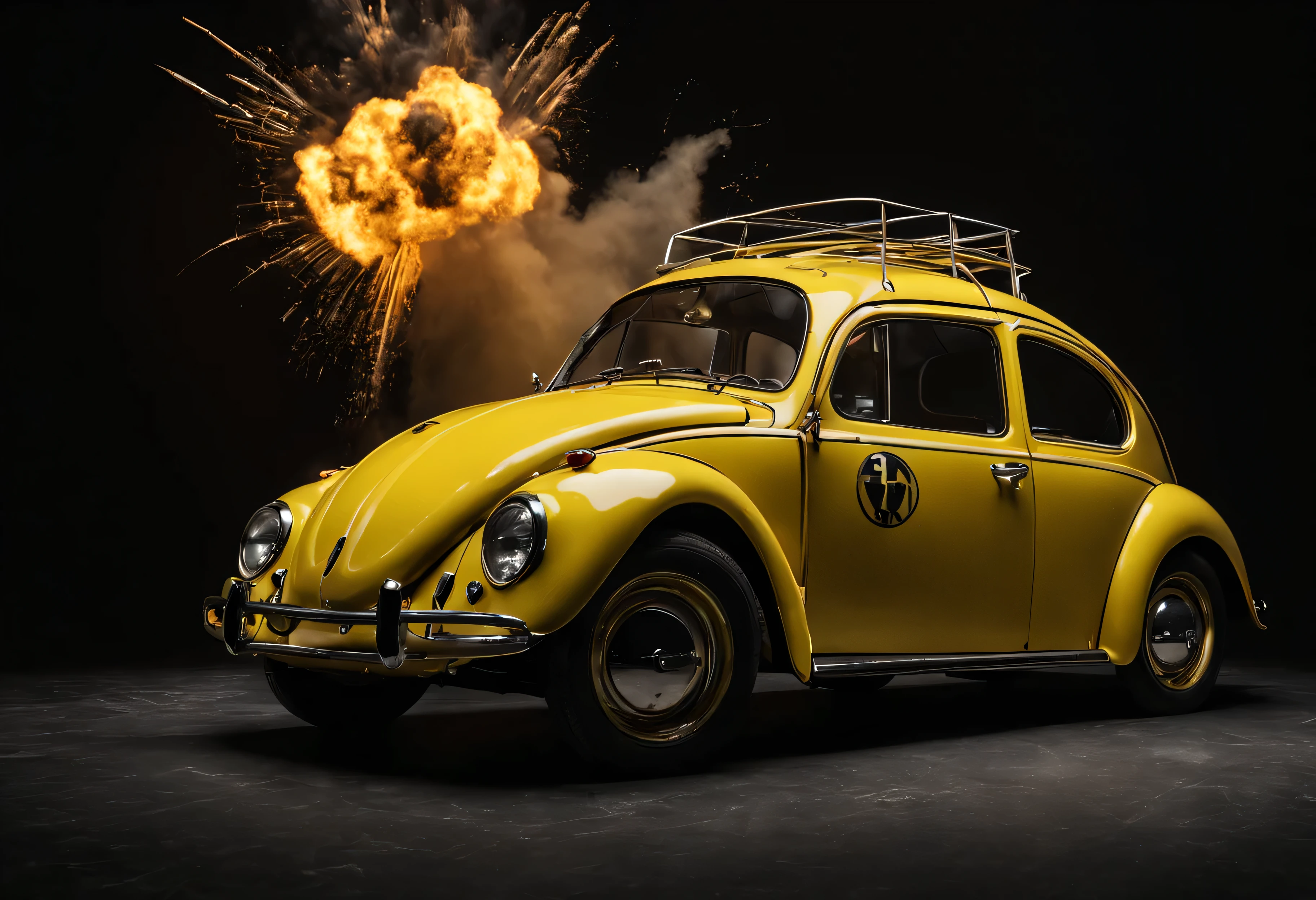 Volskwagen Coccinelle 1965, jaune, explosions en fond, studio fond noir, vue de face