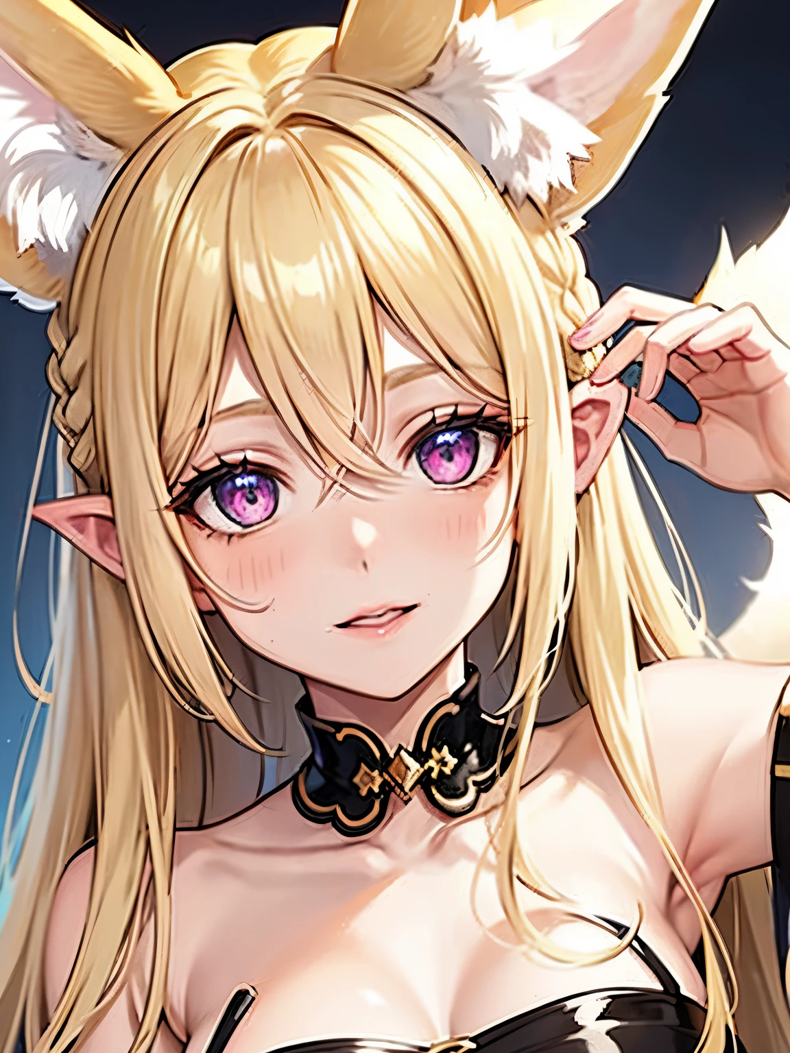 ((highest quality, masterpiece, 4K, Best Anatomy)), pretty girl, (Purple Hair), ((Very long curly hair)), Perfect Face, (Yellow Eyes), ((naked)), ((Flat Chest)), ((21 years old)), Skin dents, Extremely detailed, Attractive angular face, Red lips, Pink nipples, Shiny skin, Detailed Hair, Face Focus, Chest close-up, Decorative gold necklace, Gold earrings, ((1 girl)), Embarrassed look, Elf Ears, An innocent smile, ((thin)), Anime Girls