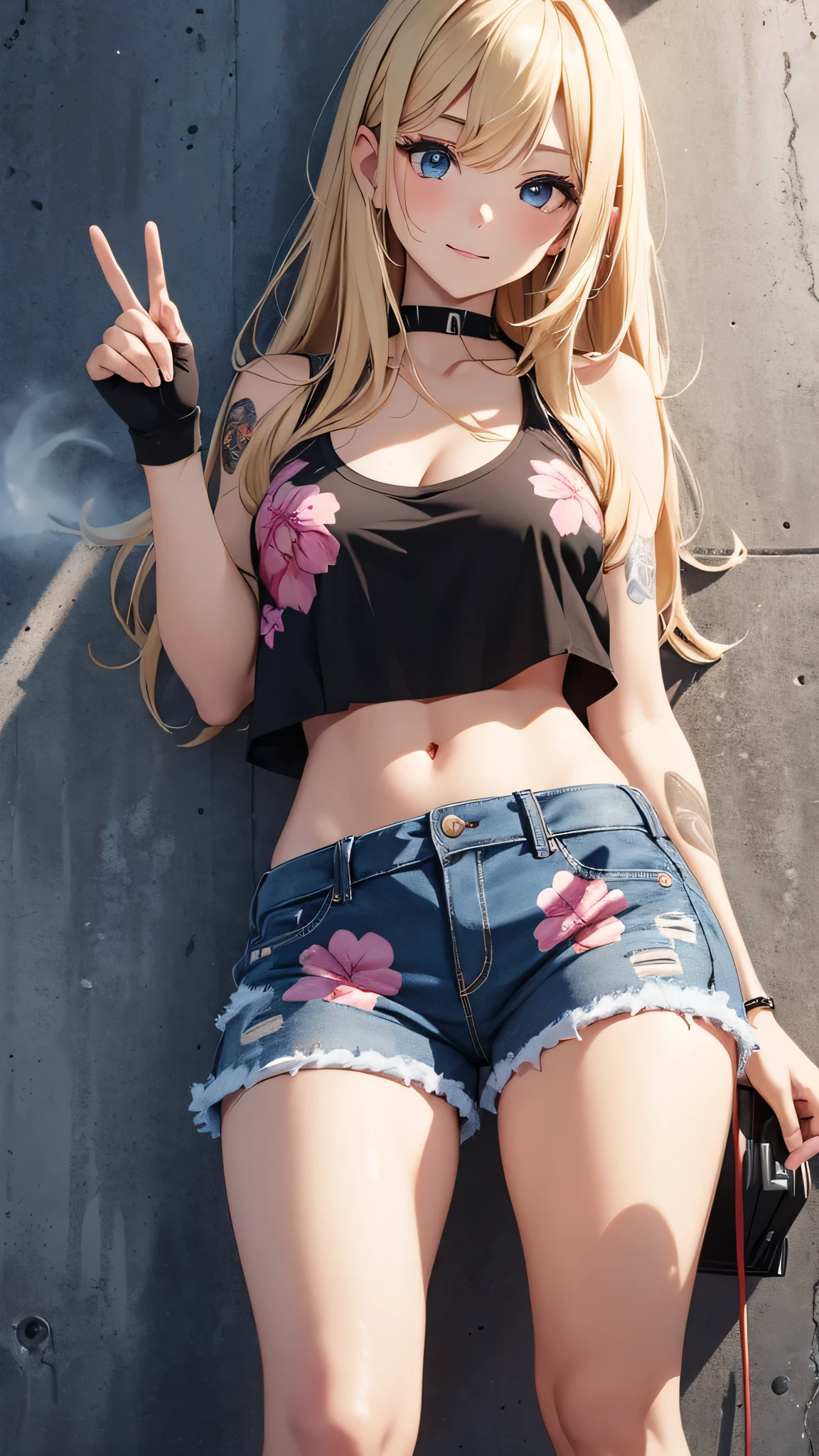 最high quality、best image quality、masterpiece、teenage girl((18-year-old、 By becoming、vest bust、medium bust,wide open breast tea、black eye, blonde hair、Habitual hair、long hair、thin,highest valley、navel black tank top、blue shorts、Holding a spray can、smug face、peace sign、paint跡、black aloha shirt、squat、open your legs)),high quality、beautiful art、background((Bright city、wall、graffiti、paint、Hawaii、Waikiki))debris flies、Depth of written boundary、movie、visual art、perfect art、8K,genuine