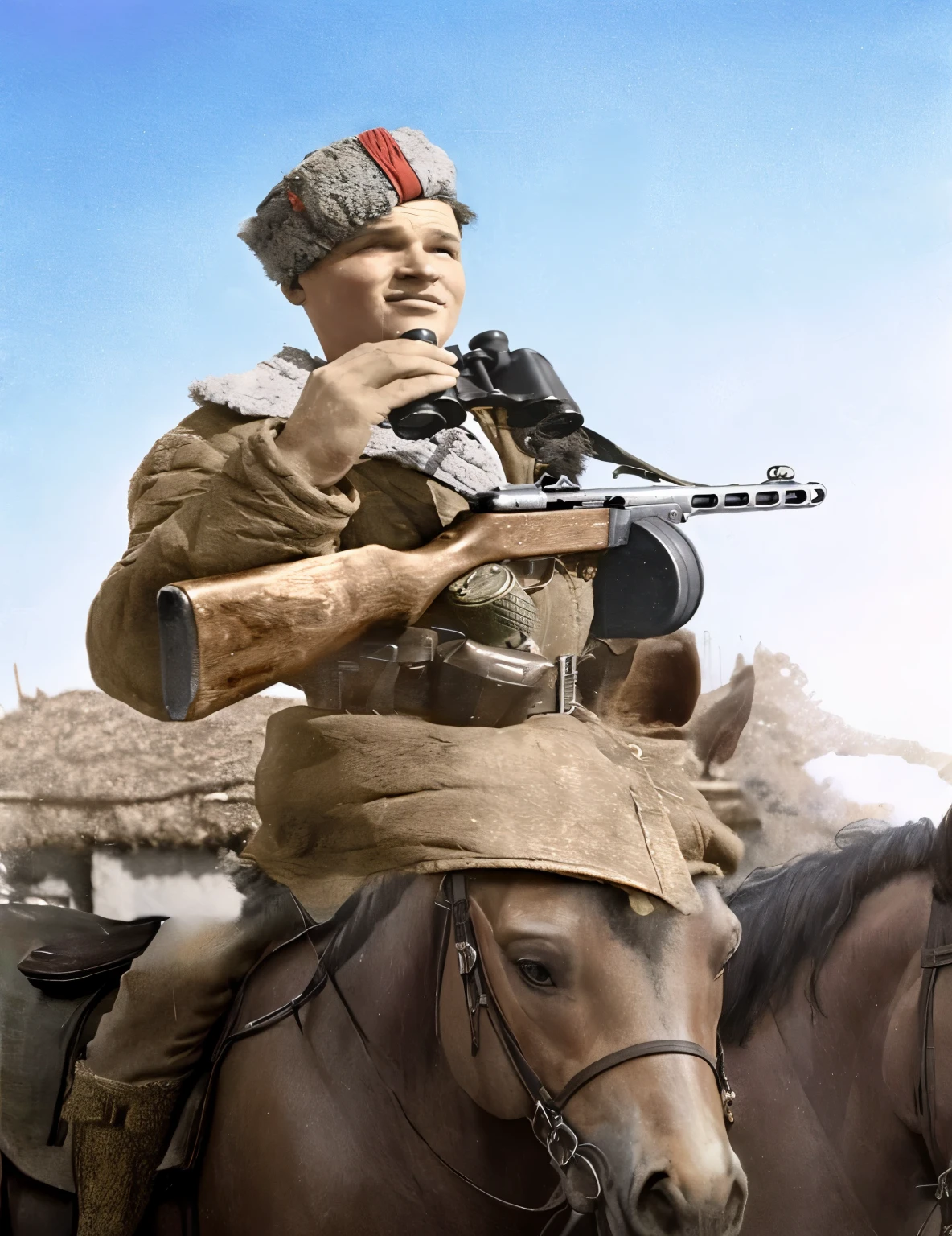 Arafed man in uniform holding a rifle and sitting on a horse, Mosin transfer on the back, award winning colorized photo, colorized, colorized, colorized, colorized photo, a colorized photo, Historical photograph of World War II, Historical photograph of World War II, with a rifle, with a rifle in hands, colorized photograph, Photo in color, soldier takes aim with a pistol