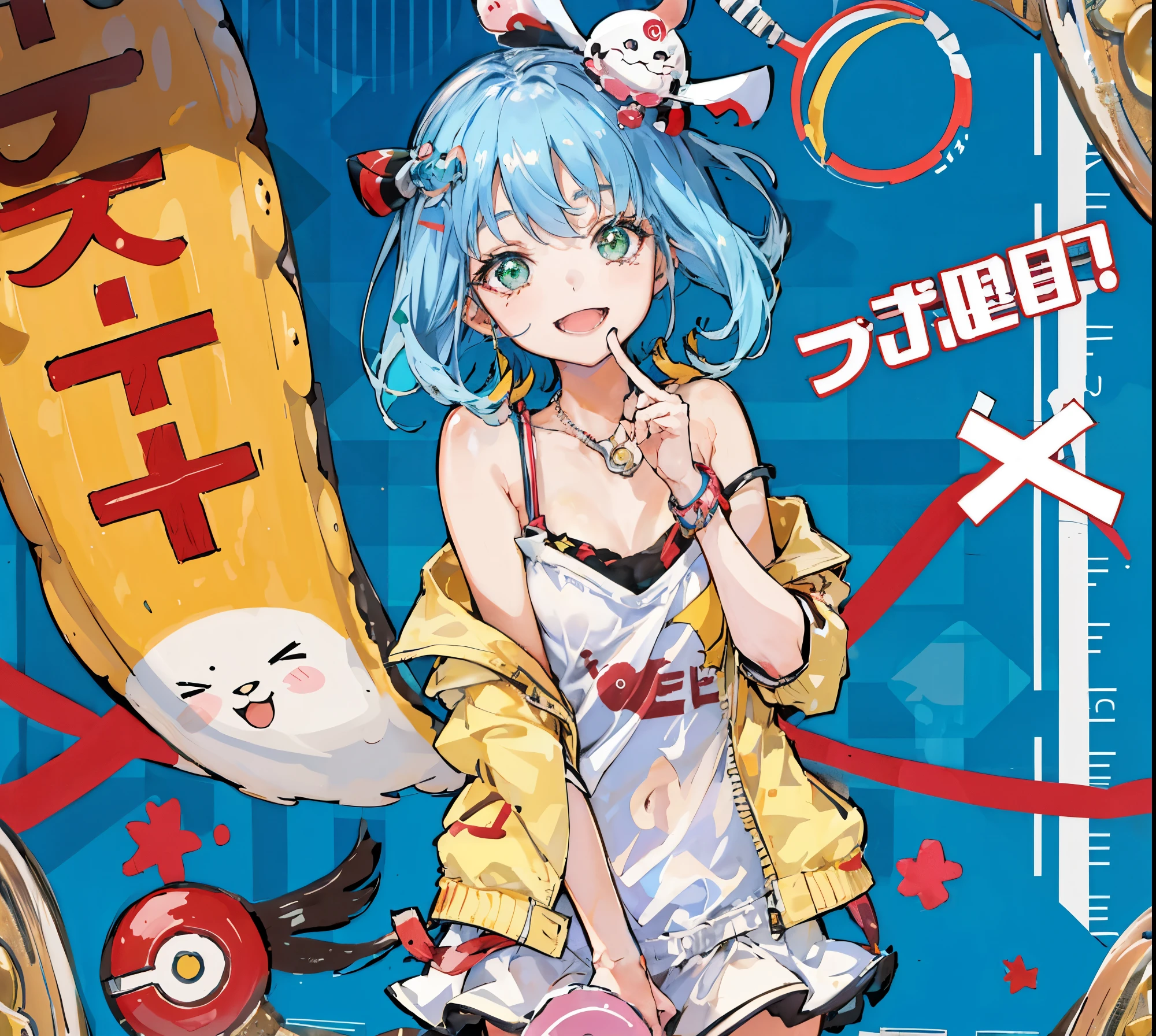 (highest quality, ),cute Kindergartener,small breasts, Candy shop magazine cover,Jacket photo,smiling girl,candy shop background, smileの女の子たち,wonderful裸, 18+, NSFW,girl is happy, 16 years old, wonderful, cute, smile, audience, article, shape, advertisement, magazine title, Lily \(Pokemon\), smileCMのadvertisement, Are standing, cowboy shot, looking at the viewer, green eyes, smile, V arm,