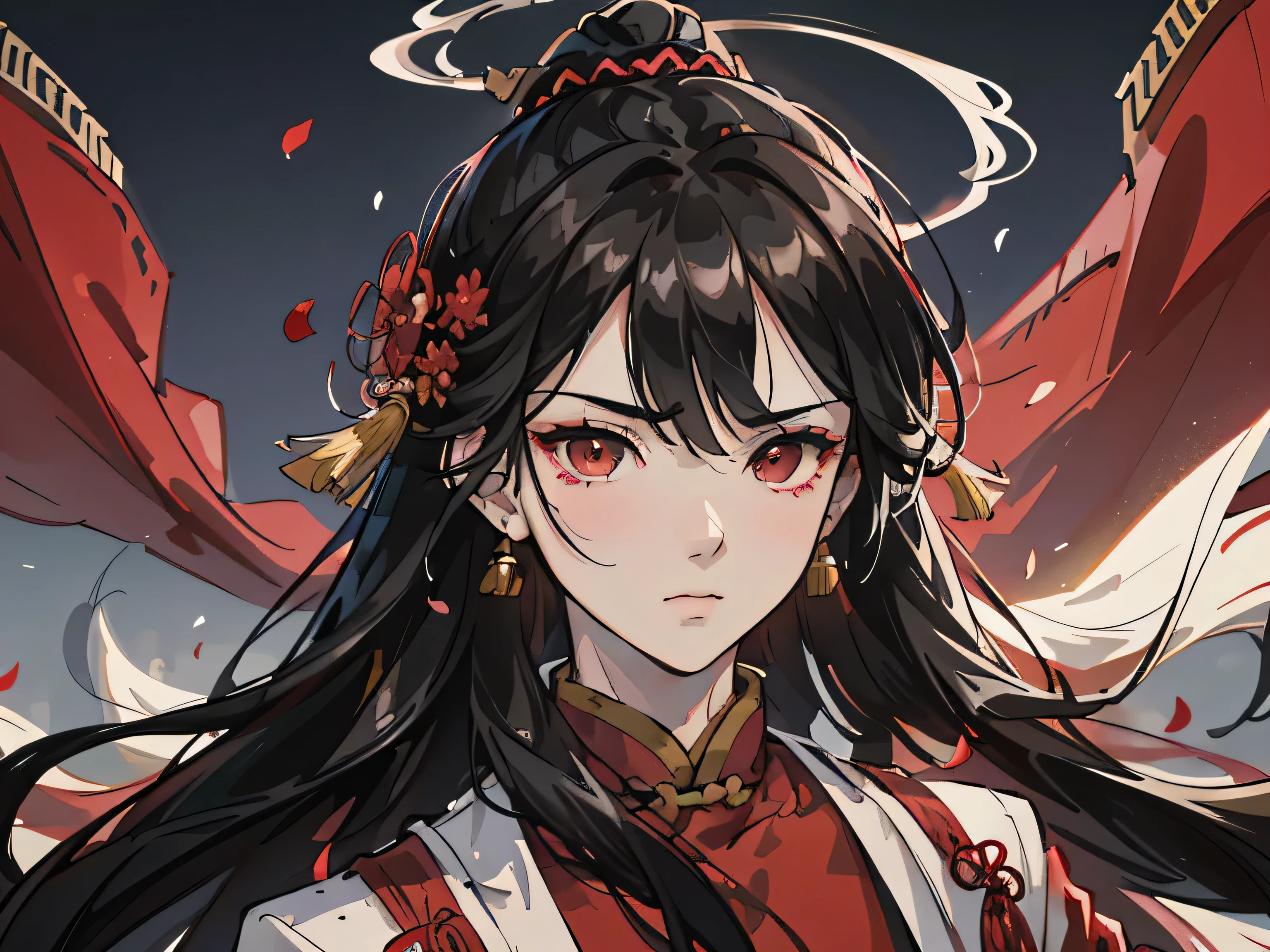adult male, strong, red eyes, long black hair, flowing hair, Wipe your forehead, flying bangs, firm eyes, ancient chinese clothing, Gorgeous accessories, There is magic smoke around him, imagine, F/1.8, masterpiece, ancient chinese architecture, night, petals flying, Frontal portrait shooting, Side lighting, Moonlight shines on people, 8k, human development report, ultra high definition, semi-realistic,The eyebrows are beautiful,black eyes