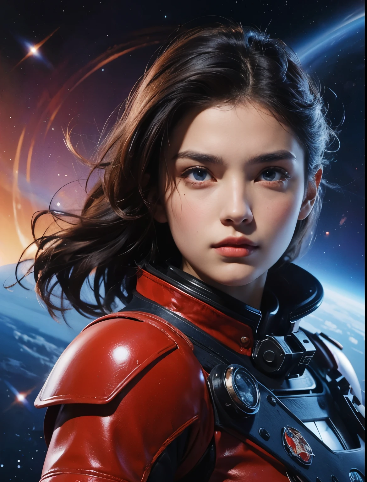 A beautiful woman. Twenty years old. Dark brown hair. He wears a red metallic battle uniform and has a defiant expression on his face. Image of outer space and blue glowing planet on female background.