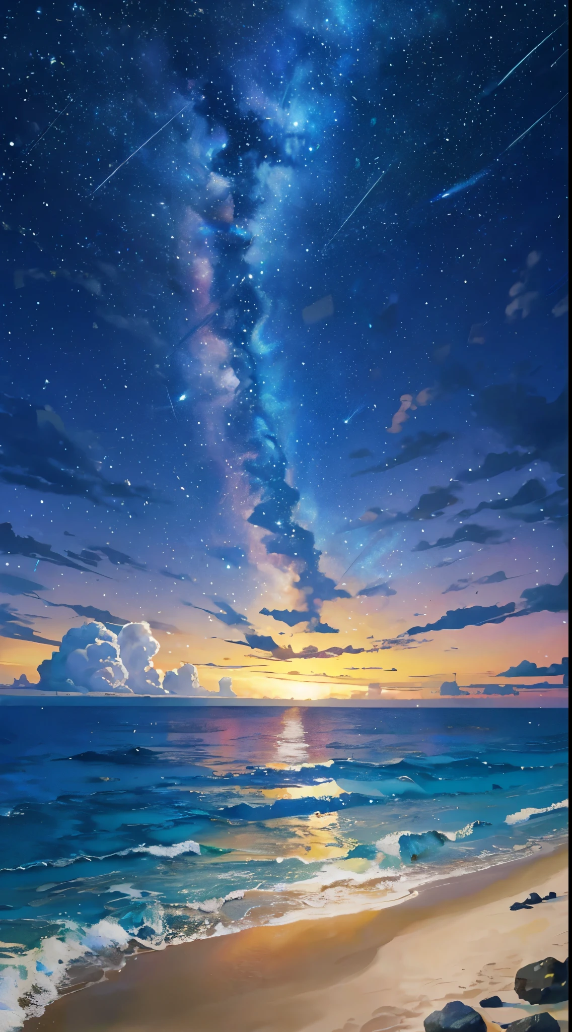 (zoom:1.1), (Meteors:1.2), (comet:1.1), Low - Angle, Alola Borealis, shooting star, highest quality, masterpiece, cloud, colorful, southeast asia beaches, summer, sea view, small island々