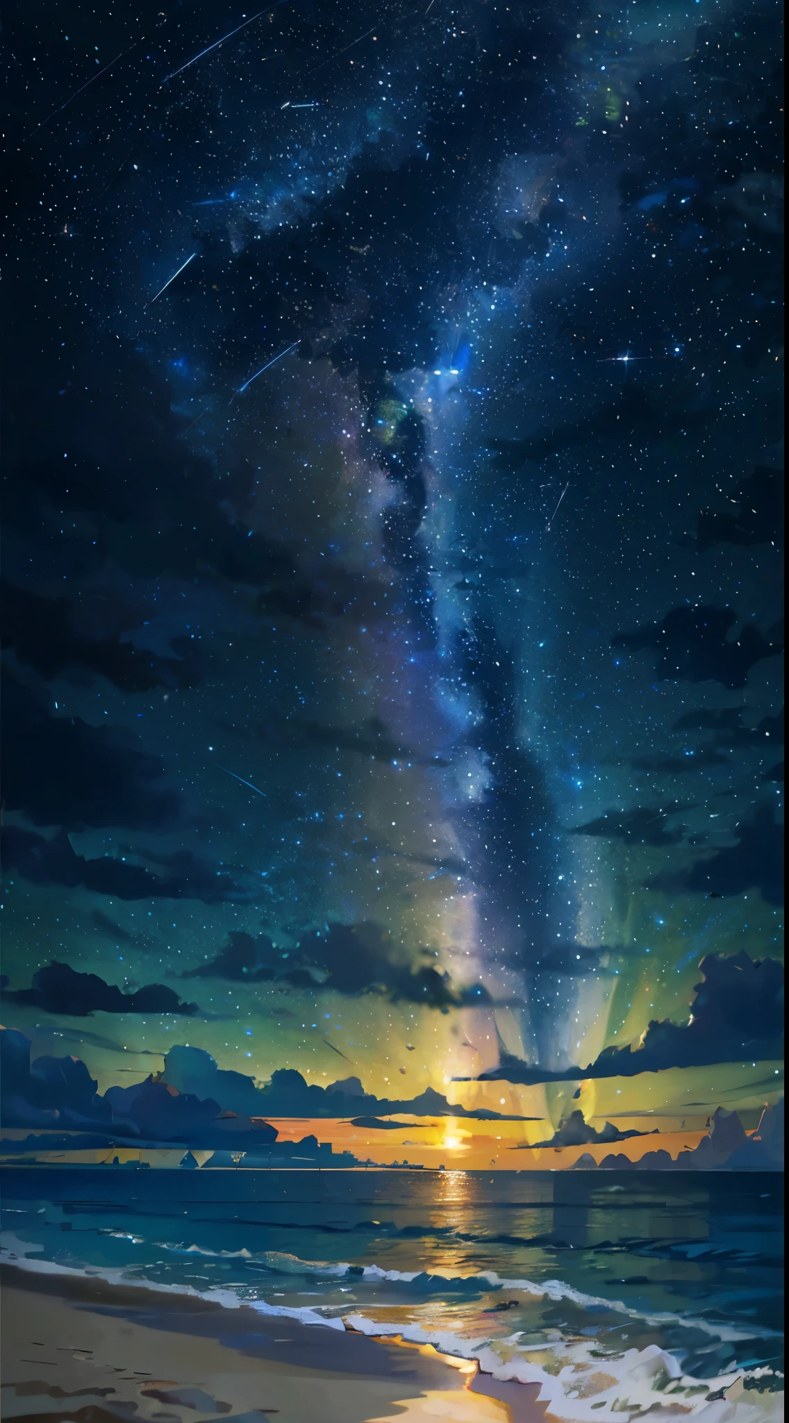 (zoom:1.1), (Meteors:1.2), (comet:1.1), Low - Angle, Alola Borealis, shooting star, highest quality, masterpiece, cloud, colorful, southeast asia beaches, summer, sea view, small island々