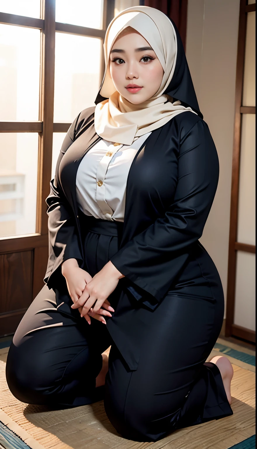 there is a woman kneeling down with a hijab, bbwchan, thicc, hijab outfit, hijab fashion model, korean girl, korean woman, wearing black robe, full length shot, alluring plus sized model, japanese goddess, clothed in hooded, voluptuous and arousing, portrait shot, curvy model, voluptuous body, wonderful, nene tanaka body , bbwchan 