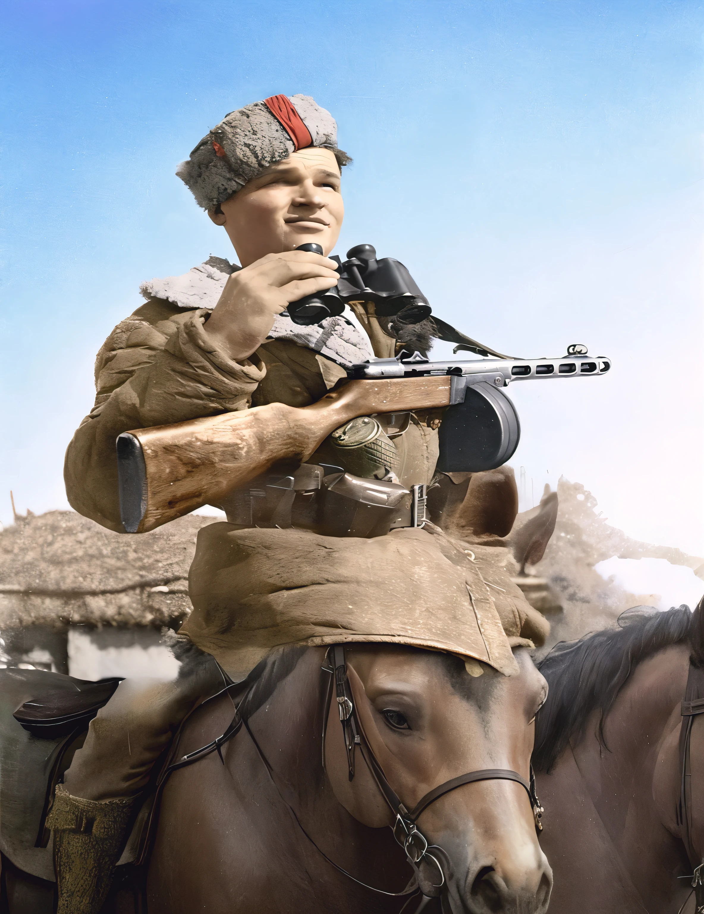 Arafed man in uniform holding a rifle and sitting on a horse, Mosin's back pass, award winning colorized photo, colorized, colorized, colorized, colorized photo, a colorized photo, Historical photograph of World War II., Historical photograph of World War II., with a rifle, with a rifle in hands, colorized photograph, Photo in color, soldier takes aim with a pistol