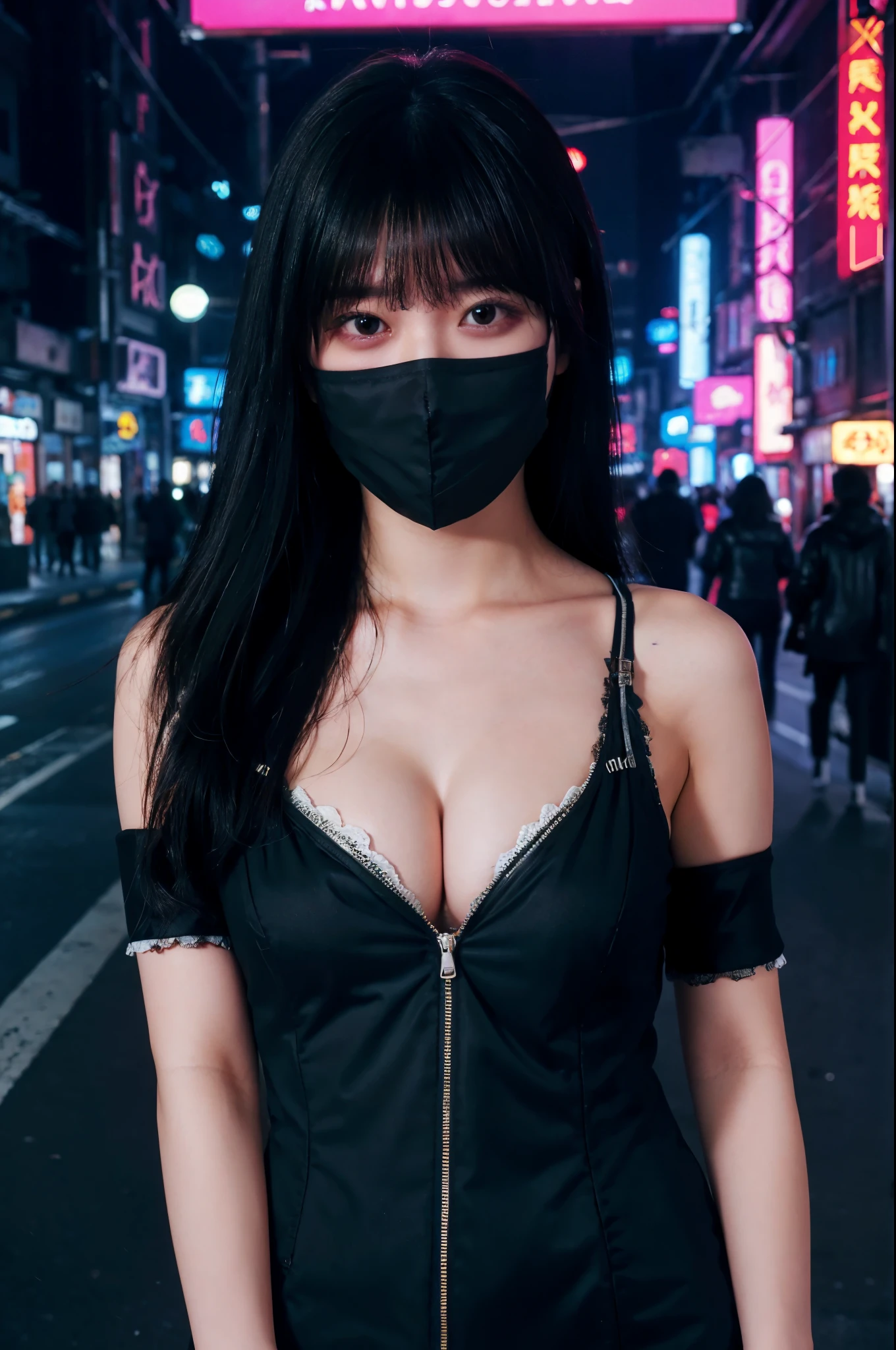 (photorealistic:1.4), (best quality:1.0), (ultra highres:1.0), 8k, RAW photo, (masterpiece:0.2), upper body,
Cybernetic_Jawless, mask, mechanical parts, cybernetic, 1girl, asian, black eyes, black hair, (long hair:1.2) with bangs,
(cyberpunk street:1.2), neon lights, ((cleavage))
