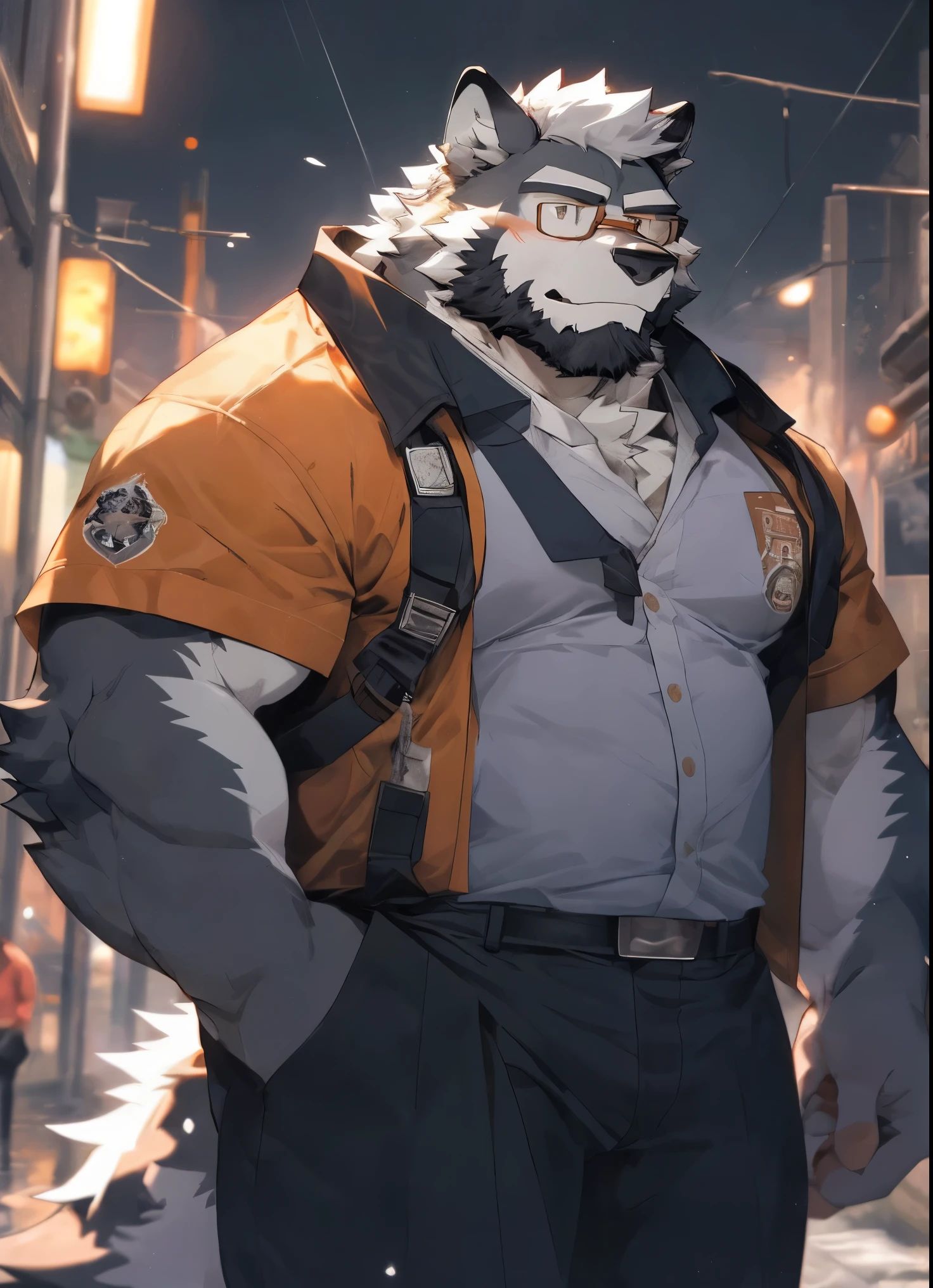 hairy，（Wolf，Black-rimmed glasses，Orange firefighter costume），beard，white fur，male，Common，full-body shot， dynamic poses，giggle，rainy day，night，dark night，Detailed background，极其lifelike阴影，masterpiece，Very detailed，lifelike