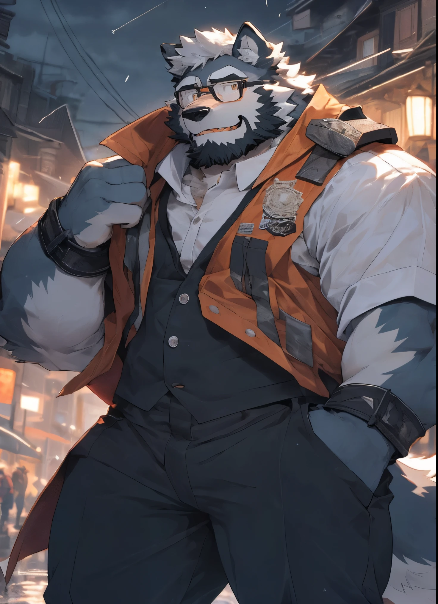 hairy，（Wolf，Black-rimmed glasses，Orange firefighter costume），beard，white fur，male，Common，full-body shot， dynamic poses，giggle，rainy day，night，dark night，Detailed background，极其lifelike阴影，masterpiece，Very detailed，lifelike