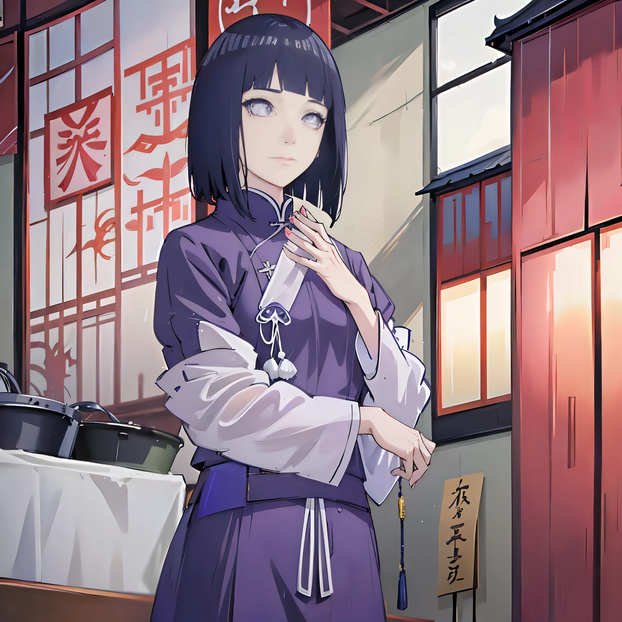 A woman,Beauty,Hime Cut Indigo Hair, SkyCrapper,Sateen,Chinese Clothes,Put your hands in your pockets