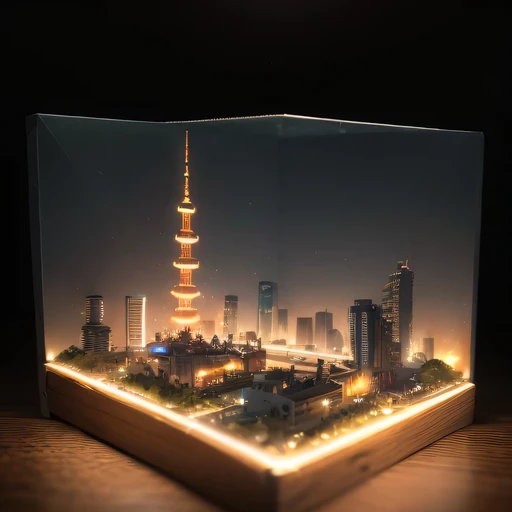small realistic model, (bifurcation, original photo, best quality, masterpiece:1.4),Steampunk Cyberpunk 5916 City,(Cyberpunk light:1.3),on the desert,horizon (related to land),(in a small nature box:1.3),Isometric, small nature, landscape on foundation,landscape,Distant focus