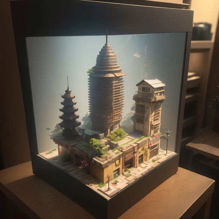 small realistic model, (bifurcation, original photo, best quality, masterpiece:1.4),Steampunk Cyberpunk 5916 City,(Cyberpunk light:1.3),on the desert,horizon (related to land),(in a small nature box:1.3),Isometric, small nature, landscape on foundation,landscape,Distant focus