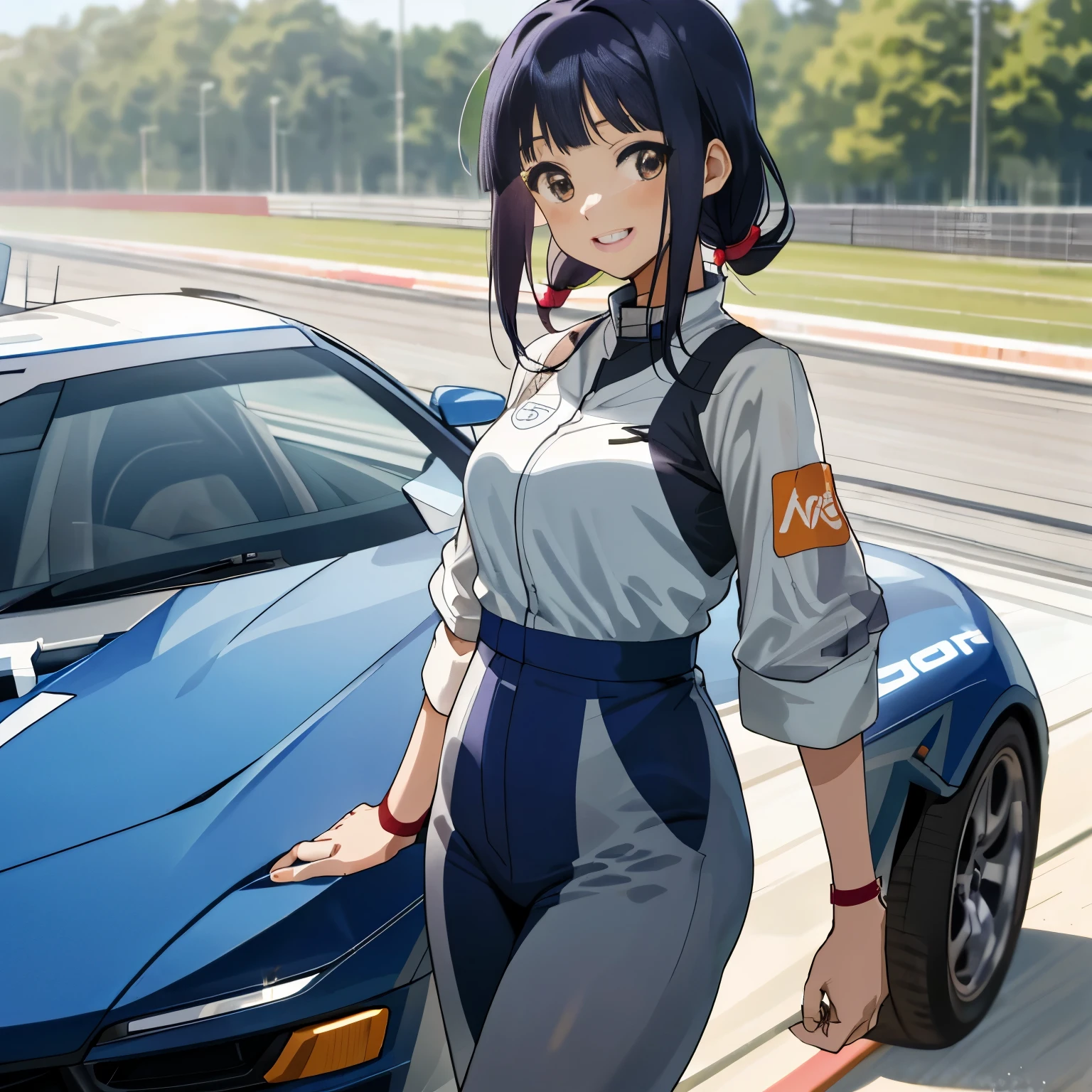 (Hyuuga Hinata), (1lady solo standing), /(grid girl/) Transparent Clothes with logo, Gravure Idol Figure Body, mature Woman, /(Indigo hair/) bangs, blush kind smile, (masterpiece best quality:1.2) delicate illustration ultra-detailed, large breasts, Her Breast out From Clothes, BREAK /(racing circuit outdoors/), racing car audience, detailed background, Best Quality 32k HDR,