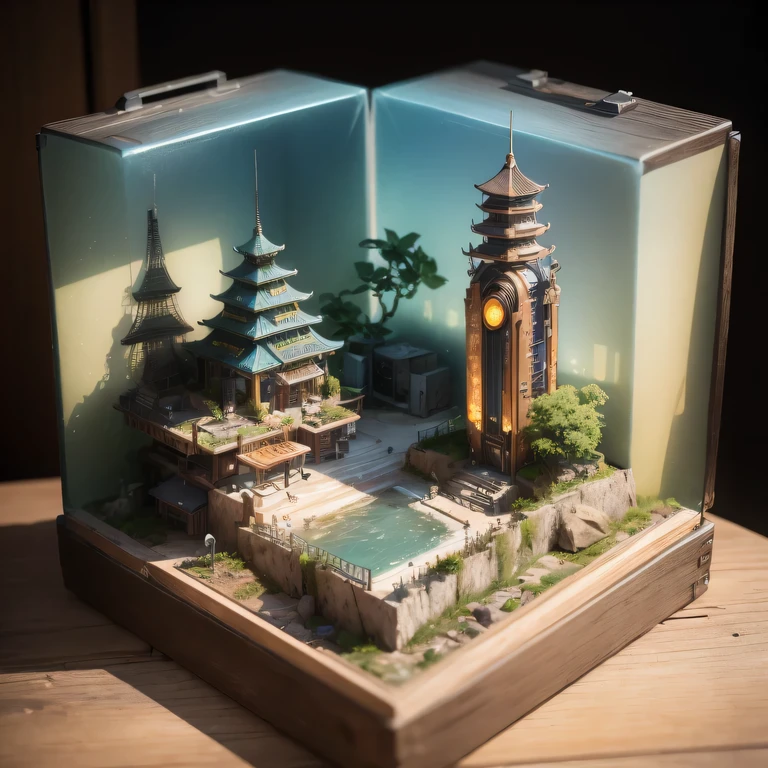 small realistic model, (bifurcation, original photo, best quality, masterpiece:1.4),Steampunk Cyberpunk 5916 City,(Cyberpunk light:1.3),on the desert,horizon (related to land),(in a small nature box:1.3),Isometric, small nature, landscape on foundation,landscape,Distant focus