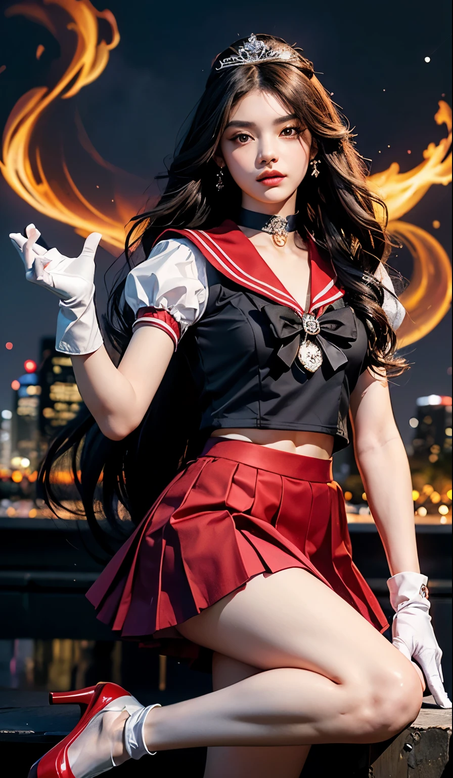 ((HD Real, Same 1 level)), Extremely realistic, masterpiece, Highest quality, High resolution, Same 1, space, Stunning beauty, Upper Body Shot, 1 girl, chest, gloves, lips, alone, Sailor Mars, Purple eyes,  uniform, Show more1, tiara, sailor warrior uniform, (RAW Photos, Highest quality), masterpiece, 浮かぶ長いBlack Hair, Red Sailor Collar, bow, choker, 白いgloves, red choker, 肘用gloves, jewelry, Earrings, Red Skirt, only, whole body, Black Hair, (Perfect hands): 3.8, Octane Rendering, Goddess of Fire, (close: 1.2) In detail, Beautiful Eyes, close, Small eyes, Show Viewer, to8 contrast style, Octane line drawing, space background, Mars, There&#39;s flames all around her, Red Flame, Intense gaze, Clear Eyes, Hands down