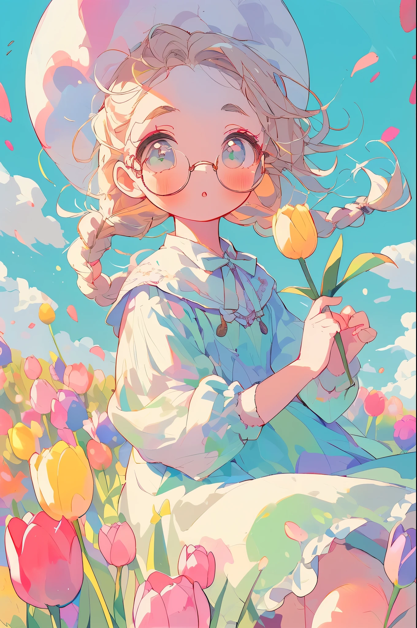 pastel color, low angle full body shot, high angle full body shot, A girl enjoying the tulip festival, Big eyes, cute makeup, delicate eyelashes, thick eyebrows, round frame glasses, braided bangs, sunny sky