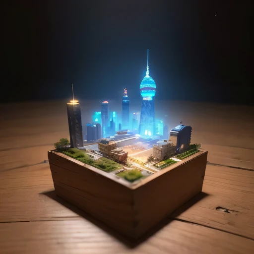 small realistic model, (bifurcation, original photo, best quality, masterpiece:1.4),Steampunk Cyberpunk 5916 City,(Cyberpunk light:1.3),on the desert,horizon (related to land),(in a small nature box:1.3),Isometric, small nature, landscape on foundation,landscape,Distant focus