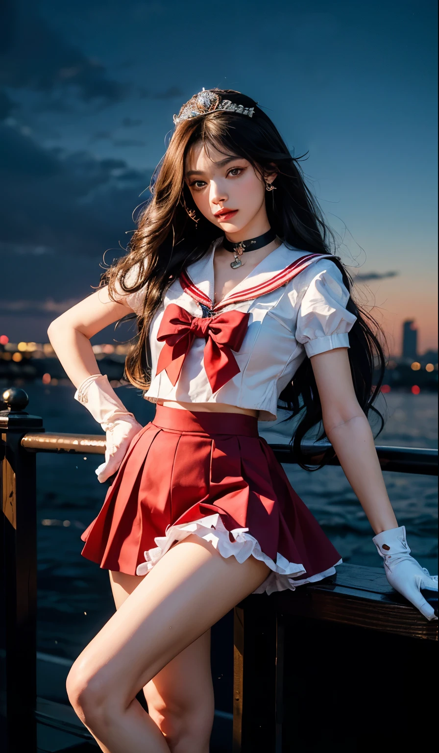 1girl,long hair, (high quality,8k,black hair, realistic, best quality,masterpiece,ultra detailed, absurdres)1.5,((sama1, tiara, sailor senshi uniform, white gloves, red sailor collar, red skirt)),night city,white gloves,Purple Bow,Purple eye, (magic world,fire),high high heels,