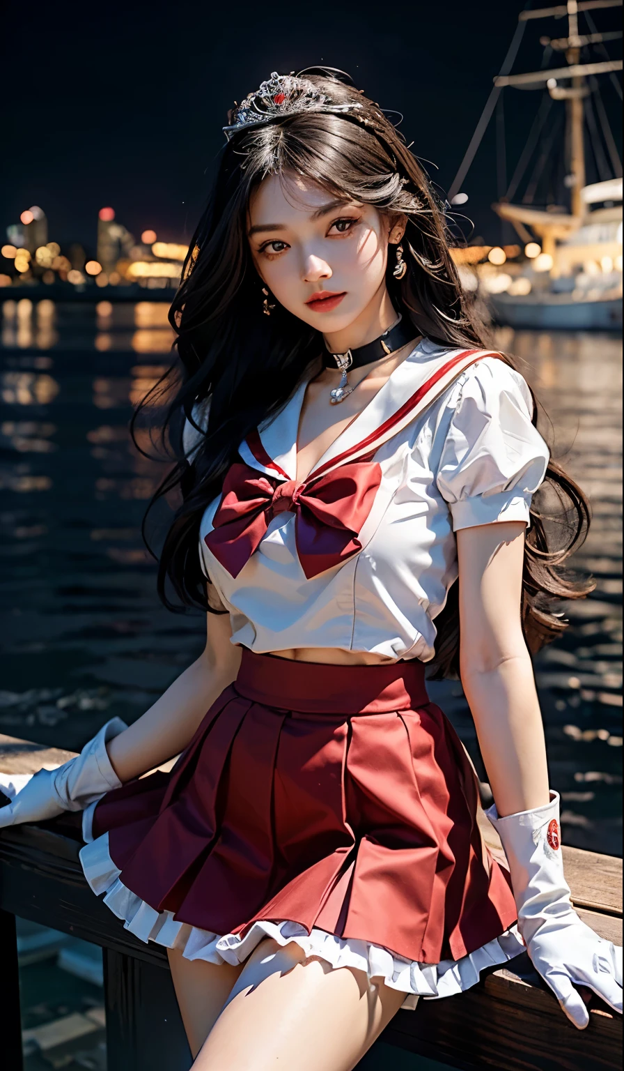 1girl,long hair, (high quality,8k,black hair, realistic, best quality,masterpiece,ultra detailed, absurdres)1.5,((sama1, tiara, sailor senshi uniform, white gloves, red sailor collar, red skirt)),night city,white gloves,Purple Bow,Purple eye, (magic world,fire),high high heels,