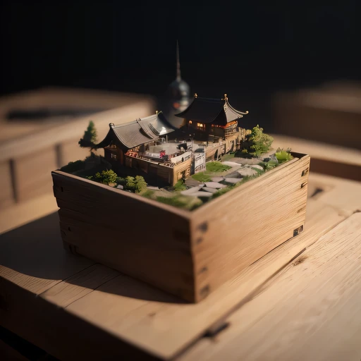 small realistic model, (bifurcation, original photo, best quality, masterpiece:1.4),Steampunk Cyberpunk 5916 City,(Cyberpunk light:1.3),on the desert,horizon (related to land),(in a small nature box:1.3),Isometric, small nature, landscape on foundation,landscape,Distant focus