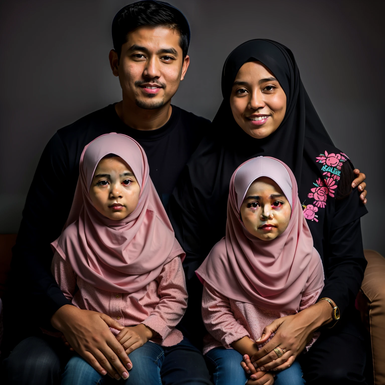 real photo of a family consisting of a 35 year old father and mother. father wears a cap, face bright and clean, mother wears a hijab. with 2 daughters aged 7 years and 4 years who also wear the hijab. Original photo with pink Hello Kitty background. super sharp, 8k, ar-3:2
