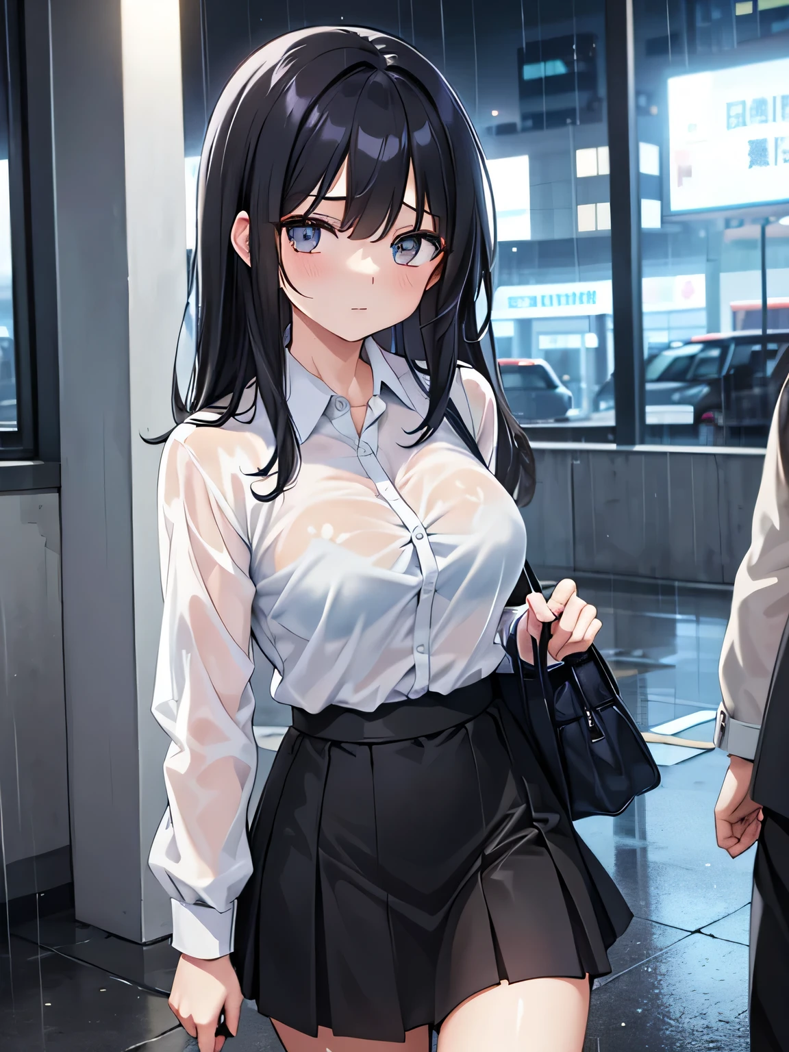 (1) A woman is walking in the rain, My cut shirt is wet and my light blue bra is visible..
(2) The woman is wearing a white cutter shirt, black skirt and black high socks.
(3) that woman has long black hair.
(4) The woman looks worried.
(5) The location is outdoors in an office district at night..