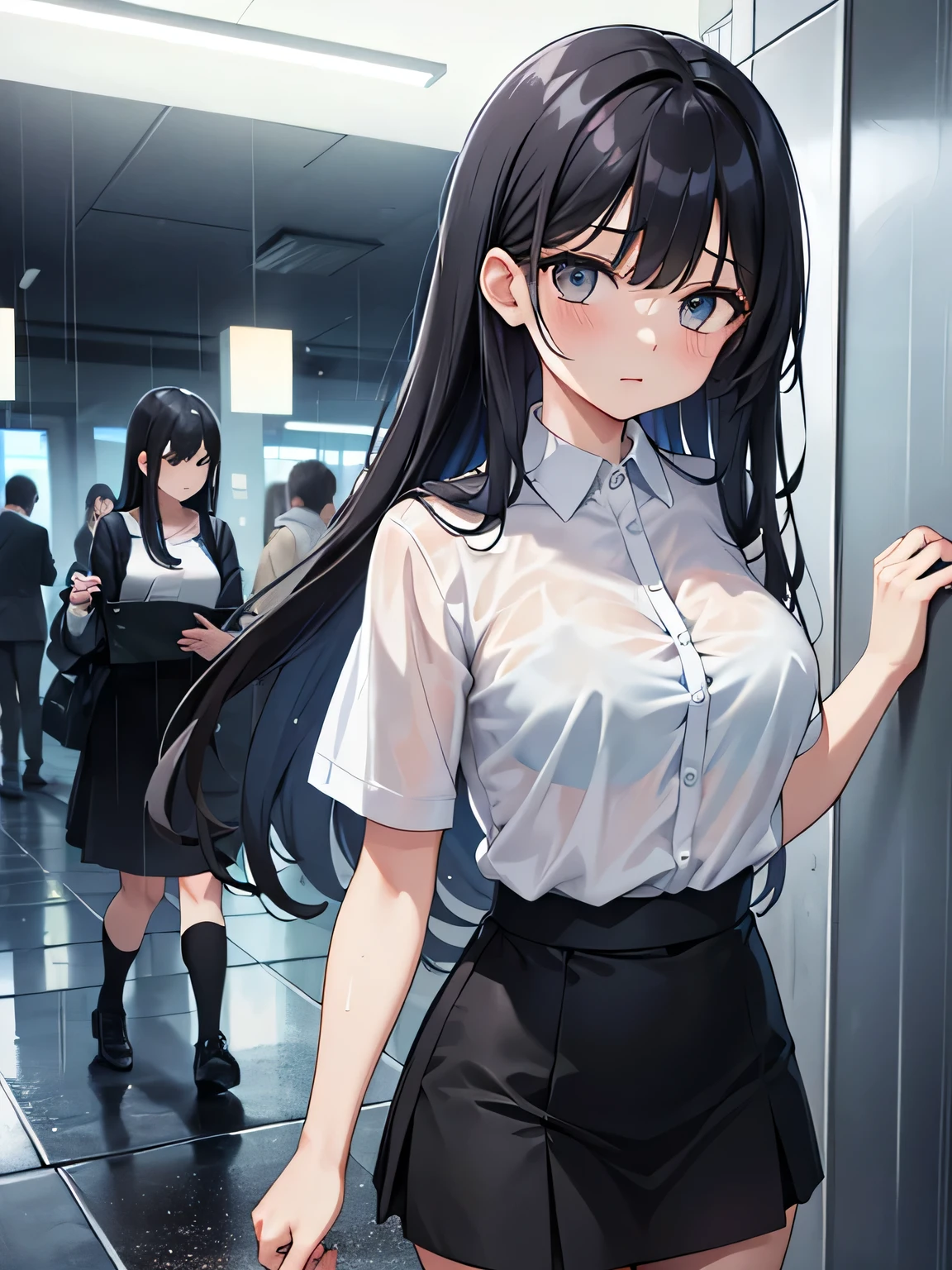 (1) A woman is walking in the rain, My cut shirt is wet and my light blue bra is visible..
(2) The woman is wearing a white cutter shirt, black skirt and black high socks.
(3) that woman has long black hair.
(4) The woman looks worried.
(5) The location is outdoors in an office district at night..