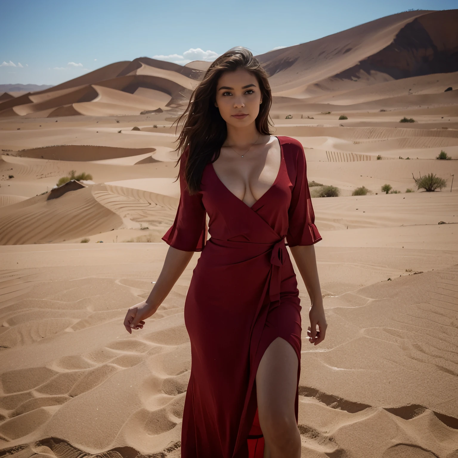 Beautiful latina woman, 26 years old, brown hair, blue eyes, posing in namibia desert, wearing long red dress, full body image
