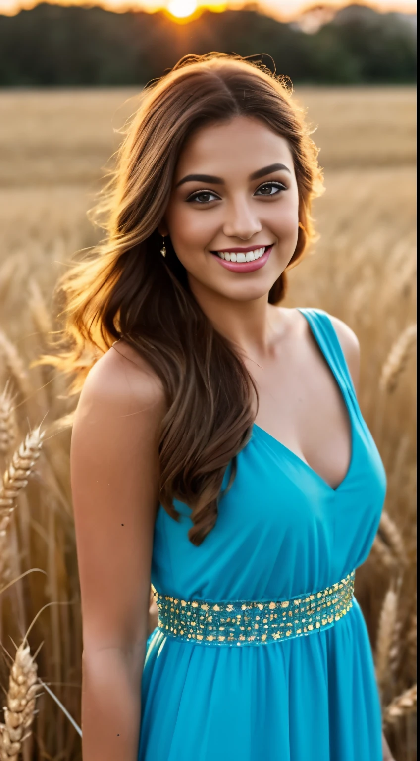 Wearing a long blue dress and bright makeup, she danced through a field of golden wheat. Close-up of her smiling face confident against the setting sun.latina girl, sleeveless casual dress, underwear, transparent, inside visible,nipples shown, hair gathered back --beauty
