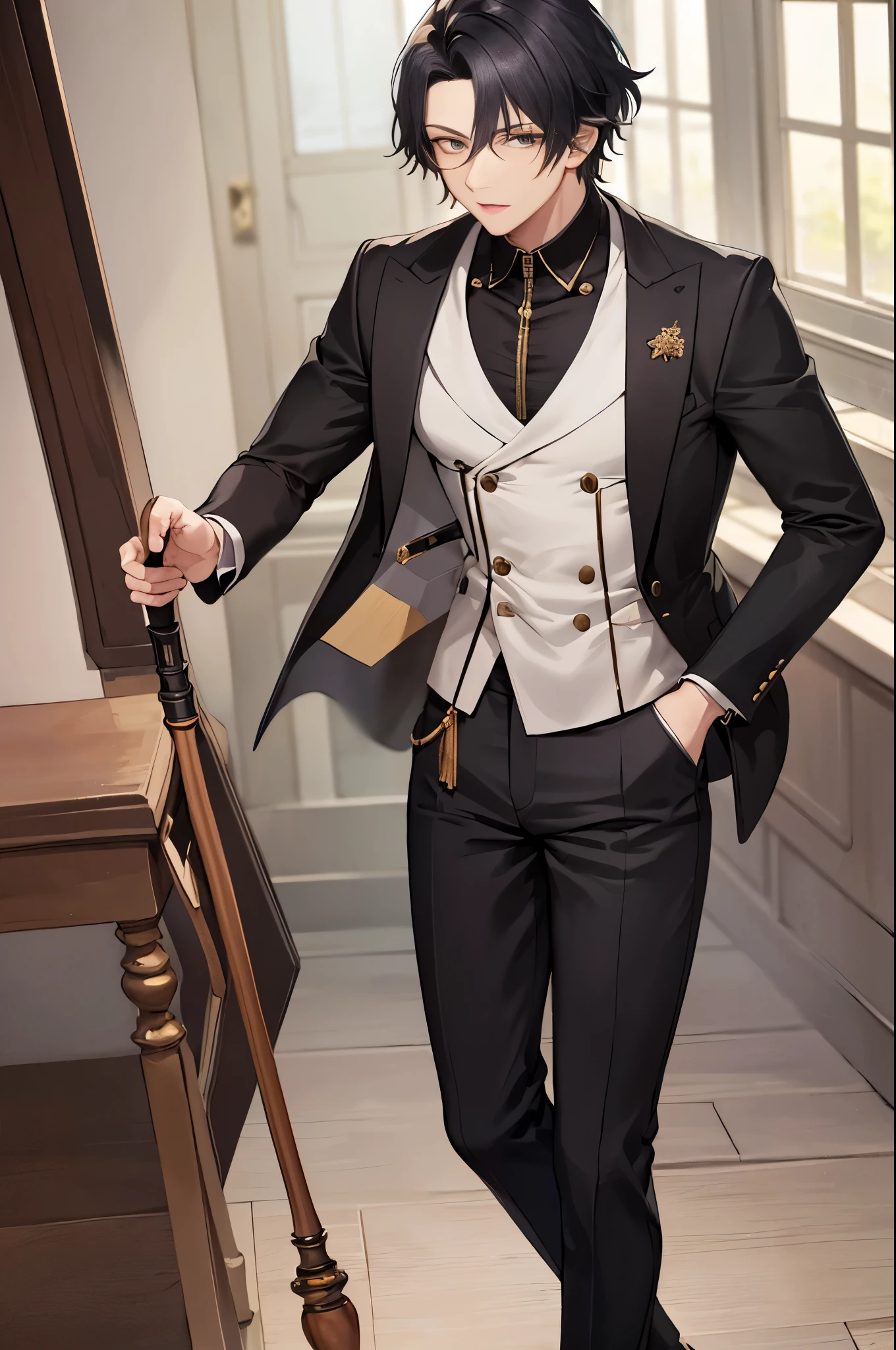 tmasterpiece, 1boy, 22 years old, Klein Moretti, The Lord of Mysteries, Sequence 9, seer, black hair, Short Hair Hair, brown eye, double-breasted jacket, pants, cane