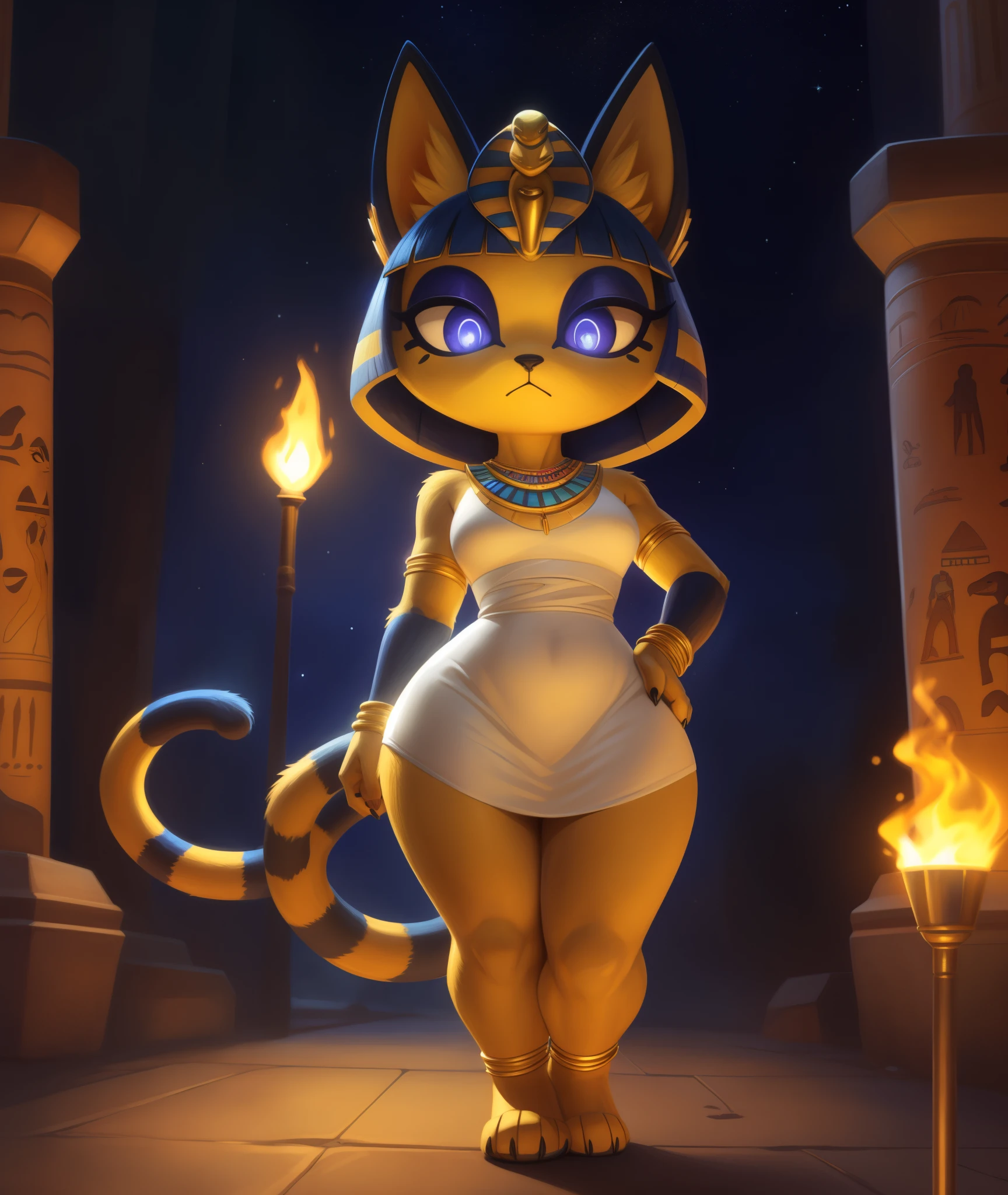 [ankha; Animal Crossing], [Uploaded to e621.net; (Pixelsketcher), (wamudraws)], ((masterpiece)), ((solo portrait)), ((full body)), ((front view)), ((feet visible)), ((furry; anthro)), ((detailed fur)), ((detailed shading)), ((beautiful render art)), ((cinematic lighting)), {anthro cat; yellow fur, black nose, (cute glowing indigo eyes), (indigo eyeshadow), (egyptian eye make-up), cat ears, frown, (expressionless), long cat tail, (beautiful legs), (beautiful paws), (black claws), (gorgeous hips)}, {(tight white dress), small , (colorful necklace), (detailed snake headwear), (blue bracers), (gold anklets)}, {(walking), (hand on hip), (looking at viewer)}, [background; (sandstone walls), (club), (torch), (starry sky), (sun rays)]