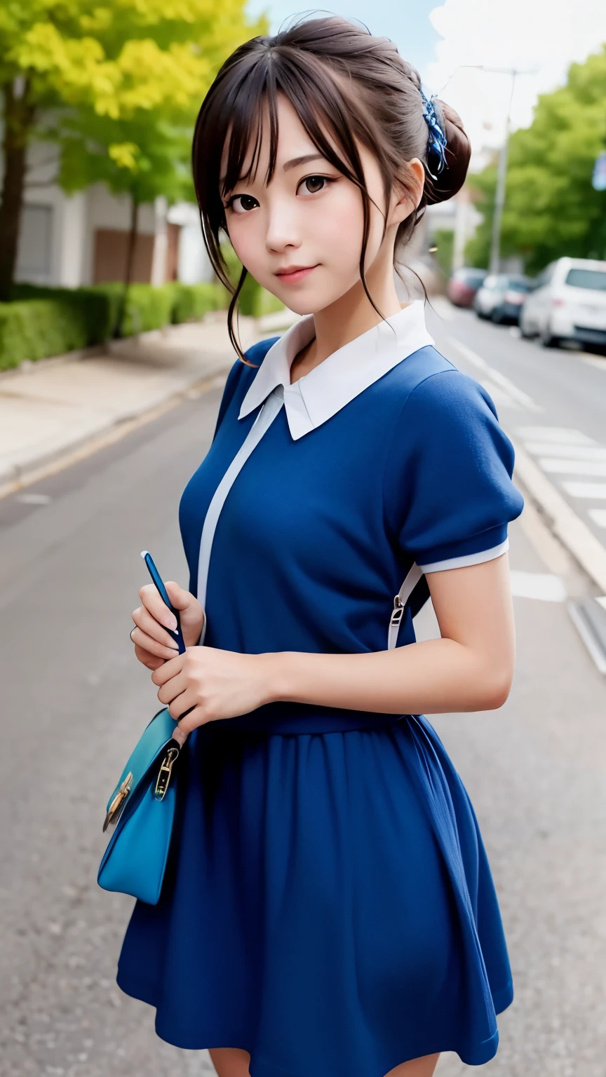 anime girl in blue dress standing on street corner with trees in background, Anime cute art style, Smooth anime CG art, Lolita in skirt, Anime visual of a cute girl, Small curvaceous , Cute anime waifu wearing beautiful clothes, (anime girl), cute anime girl, attractive anime girl, Realistic animation艺术风格, Realistic animation, an anime girl
