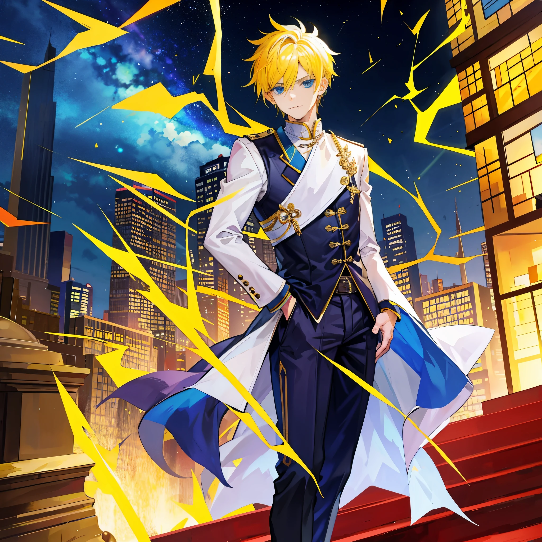 A man,Handsome,(Spiky Yellow Hair), (Blue Eyes), SkyCrapper,Sateen,Chinese Clothes,Put your hands in your pockets