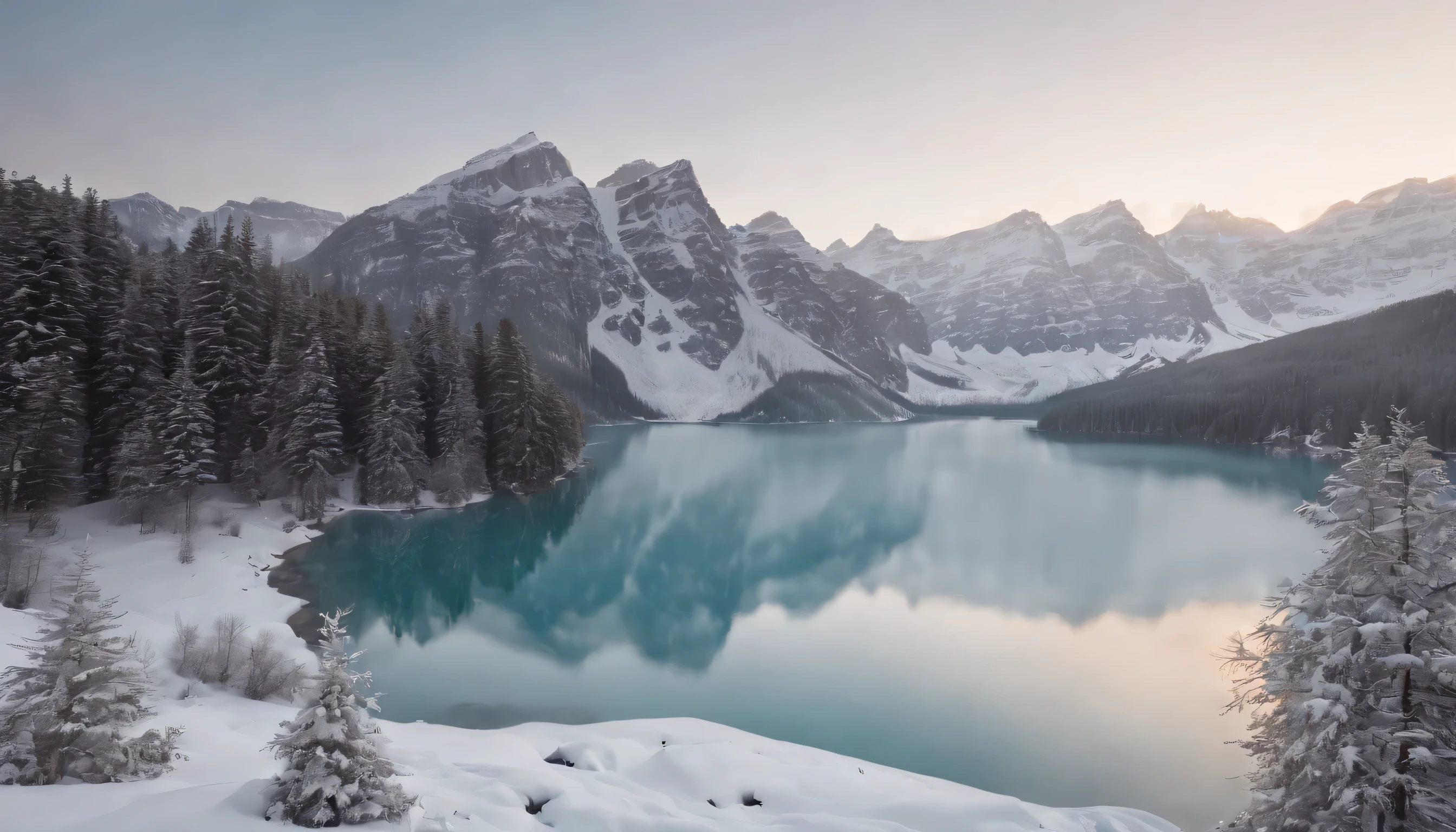 (Highly detailed CG Unity 8K wallpaper、masterpiece、highest quality、Super detailed)、(best lighting、best shadow、very delicate and beautiful)、highest quality、8K、Detailed facial depiction、masterpiece、highest quality、clear image quality、A snowy field spread out on the shore of a quiet lake and a mountain reflected in it々