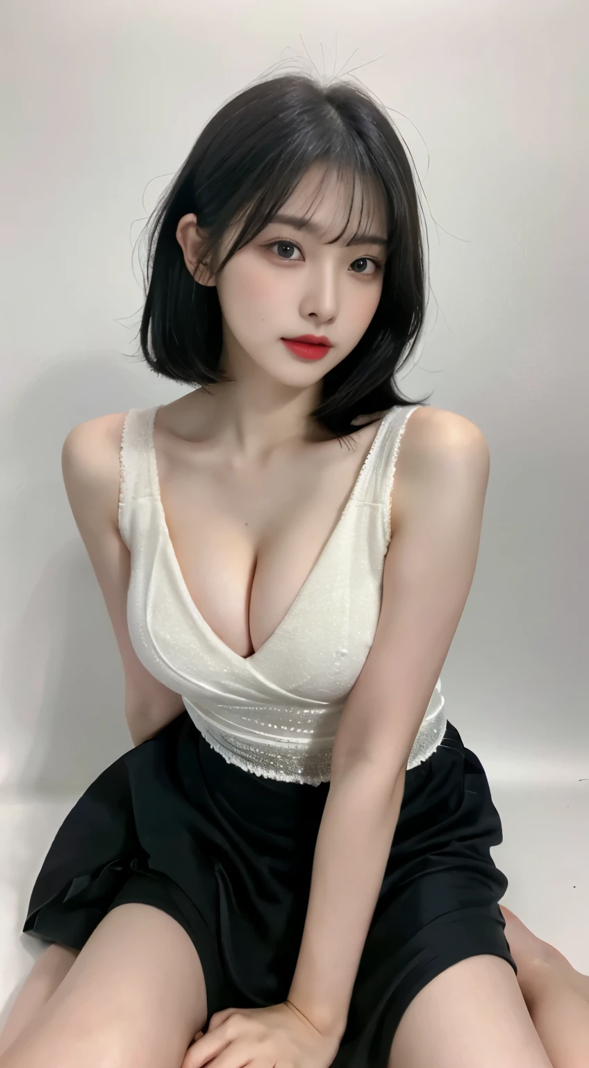 Beautiful woman with perfect body,short black hair,Protruding cleavage,long skirt,Highly detailed facial and skin textures,cosmetic, red glossy lips, (The sexiest look),(sexy pose),(best quality),(Extremely detailed CG unified 8k wallpaper),(pure white background),(Soft light source),