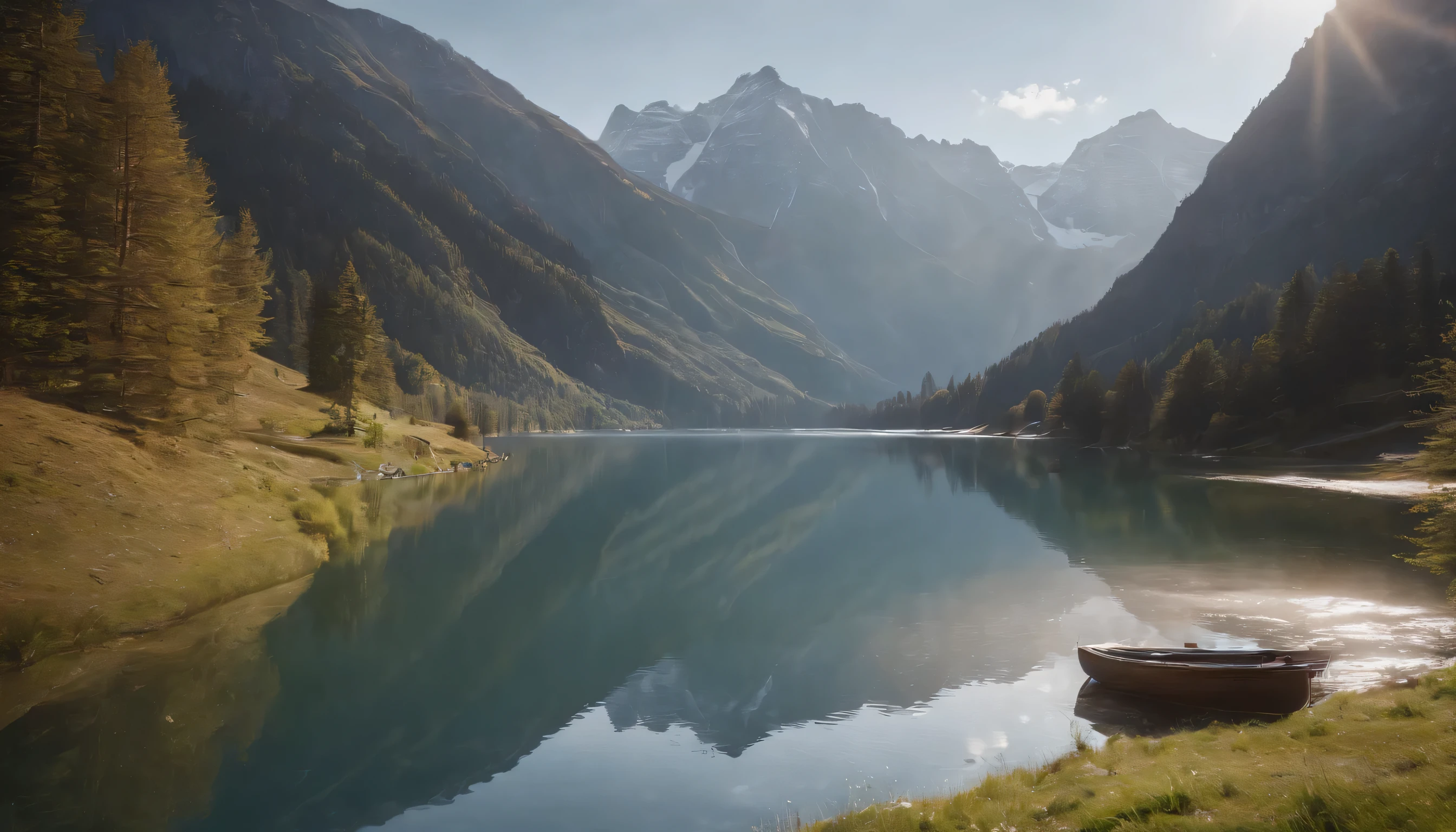 (Highly detailed CG Unity 8K wallpaper、masterpiece、highest quality、Super detailed)、(best lighting、best shadow、very delicate and beautiful)、highest quality、8K、Detailed facial depiction、masterpiece、highest quality、clear image quality、A snowy field spread out on the shore of a quiet lake and a mountain reflected in it々Photo of