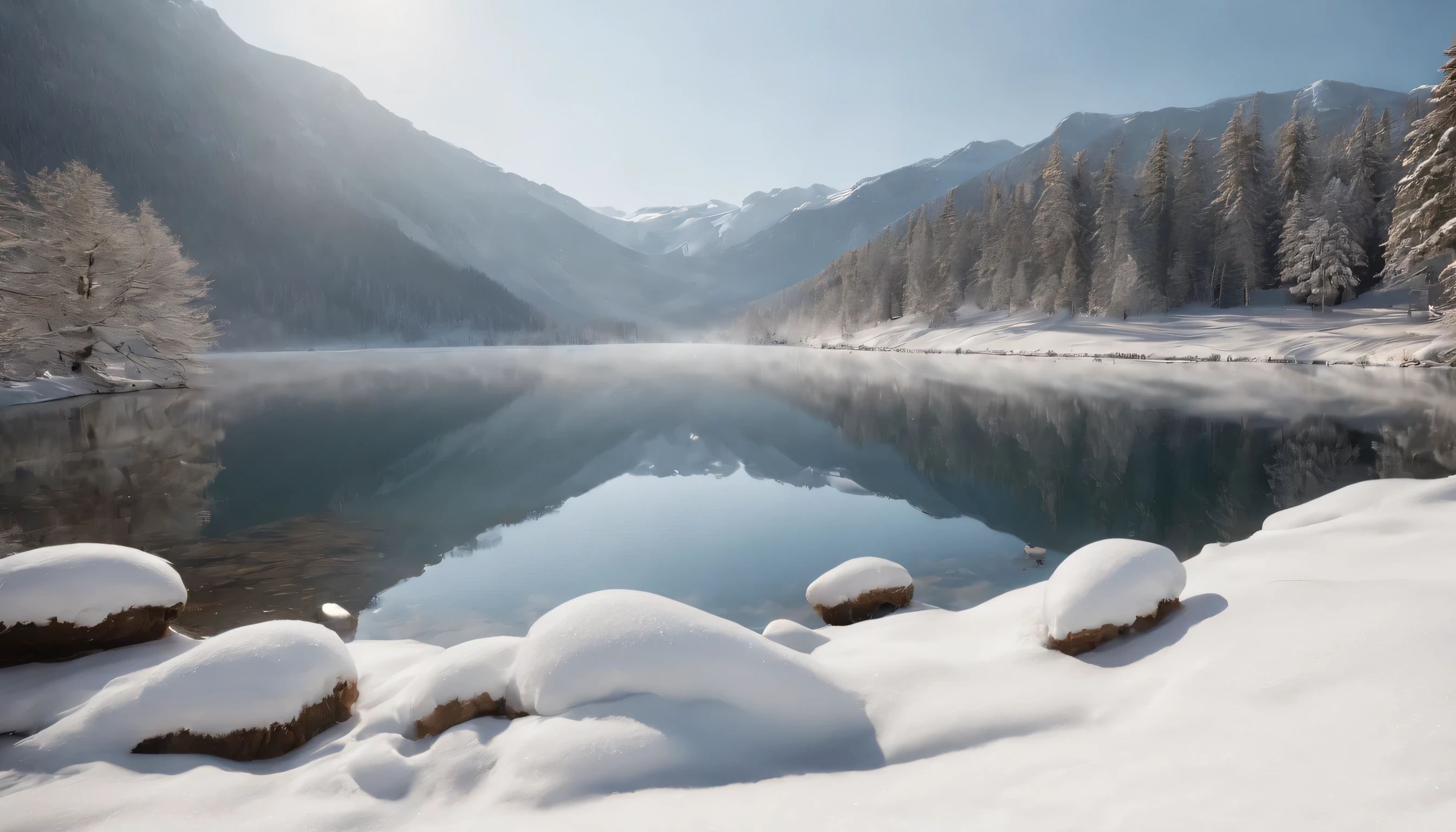 (Highly detailed CG Unity 8K wallpaper、masterpiece、highest quality、Super detailed)、(best lighting、best shadow、very delicate and beautiful)、highest quality、8K、Detailed facial depiction、masterpiece、highest quality、clear image quality、A snowy field spread out on the shore of a quiet lake and a mountain reflected in it々Photo of