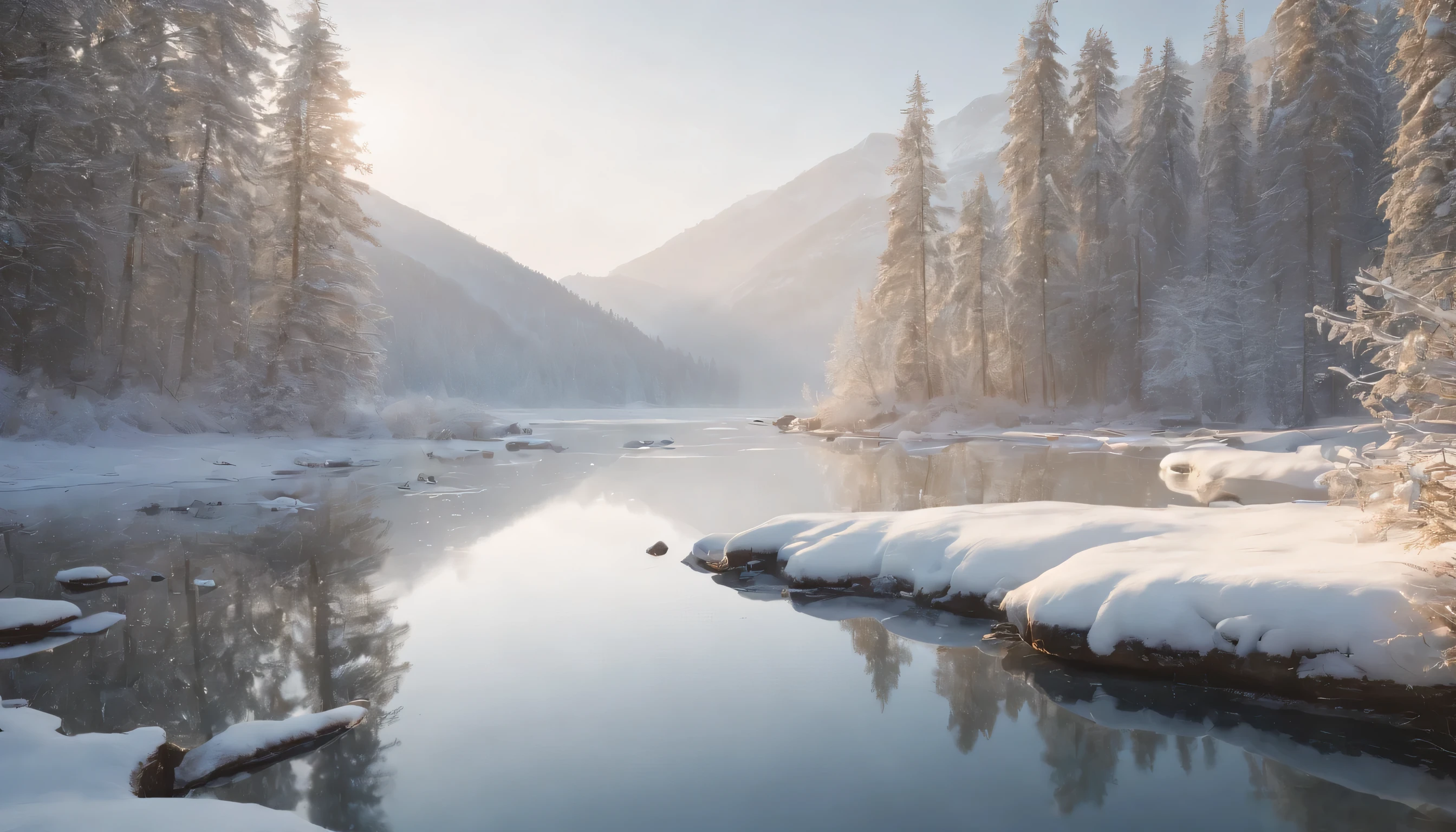 (Highly detailed CG Unity 8K wallpaper、masterpiece、highest quality、Super detailed)、(best lighting、best shadow、very delicate and beautiful)、highest quality、8K、Detailed facial depiction、masterpiece、highest quality、clear image quality、A snowy field spread out on the shore of a quiet lake and a mountain reflected in it々Photo of