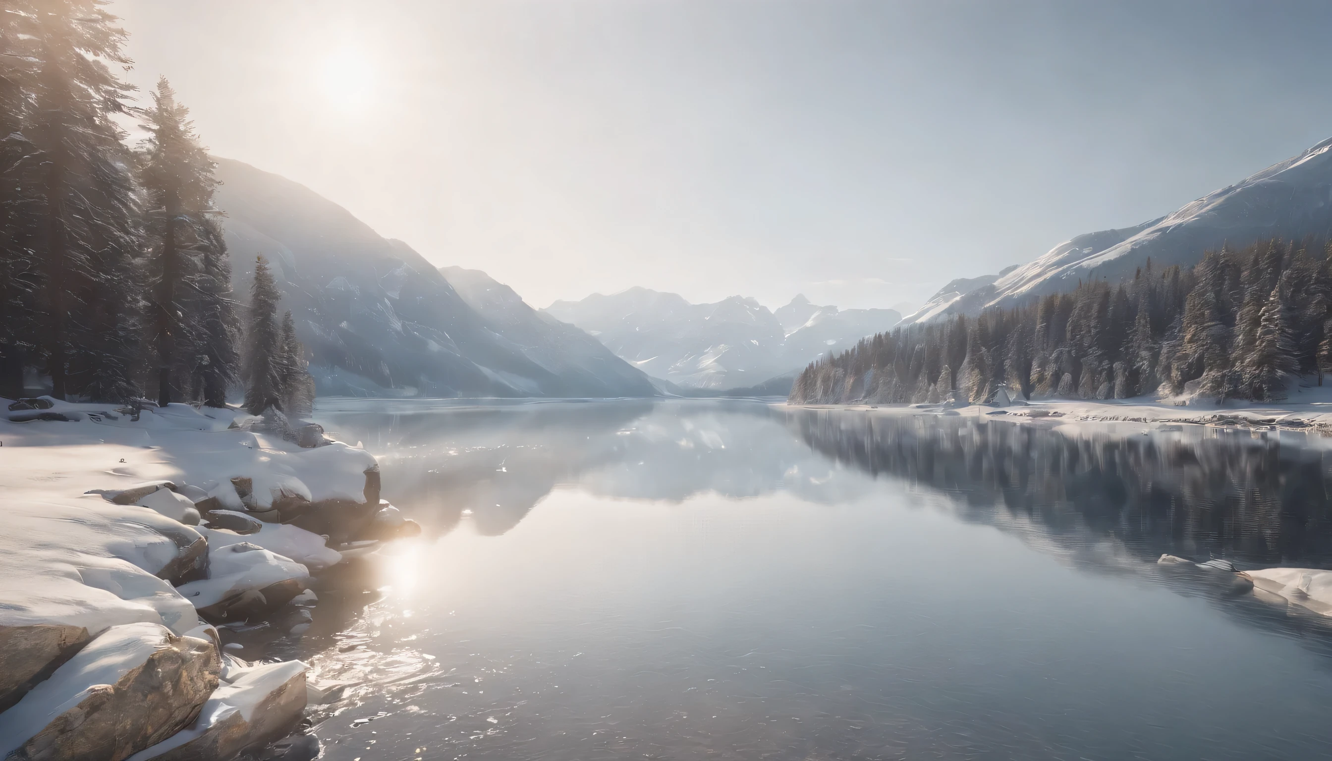 (Highly detailed CG Unity 8K wallpaper、masterpiece、highest quality、Super detailed)、(best lighting、best shadow、very delicate and beautiful)、highest quality、8K、Detailed facial depiction、masterpiece、highest quality、clear image quality、A snowy field spread out on the shore of a quiet lake and a mountain reflected in it々Photo of
