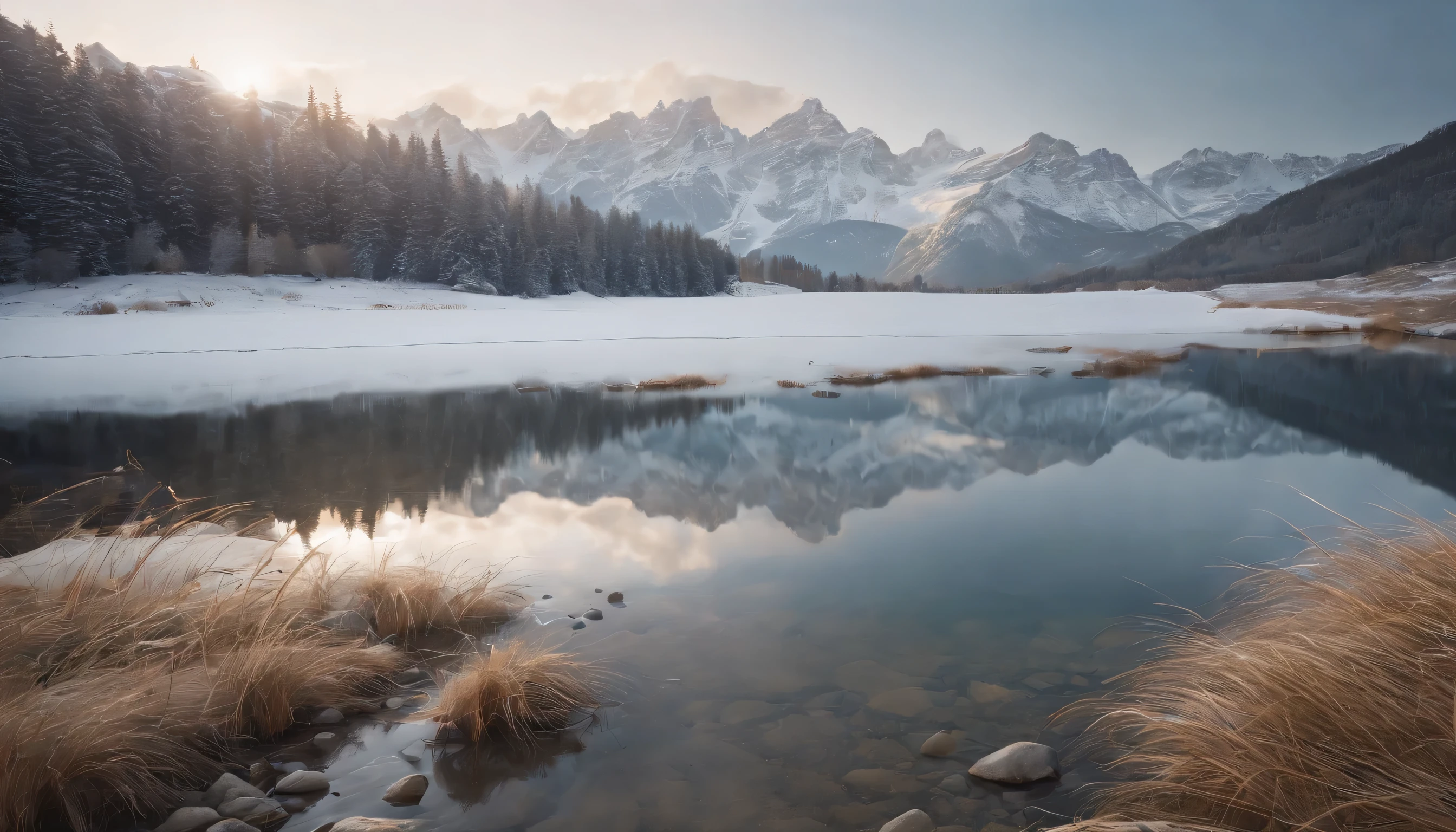 (Highly detailed CG Unity 8K wallpaper、masterpiece、highest quality、Super detailed)、(best lighting、best shadow、very delicate and beautiful)、highest quality、8K、Detailed facial depiction、masterpiece、highest quality、clear image quality、A snowy field spread out on the shore of a quiet lake and a mountain reflected in it々Photo of