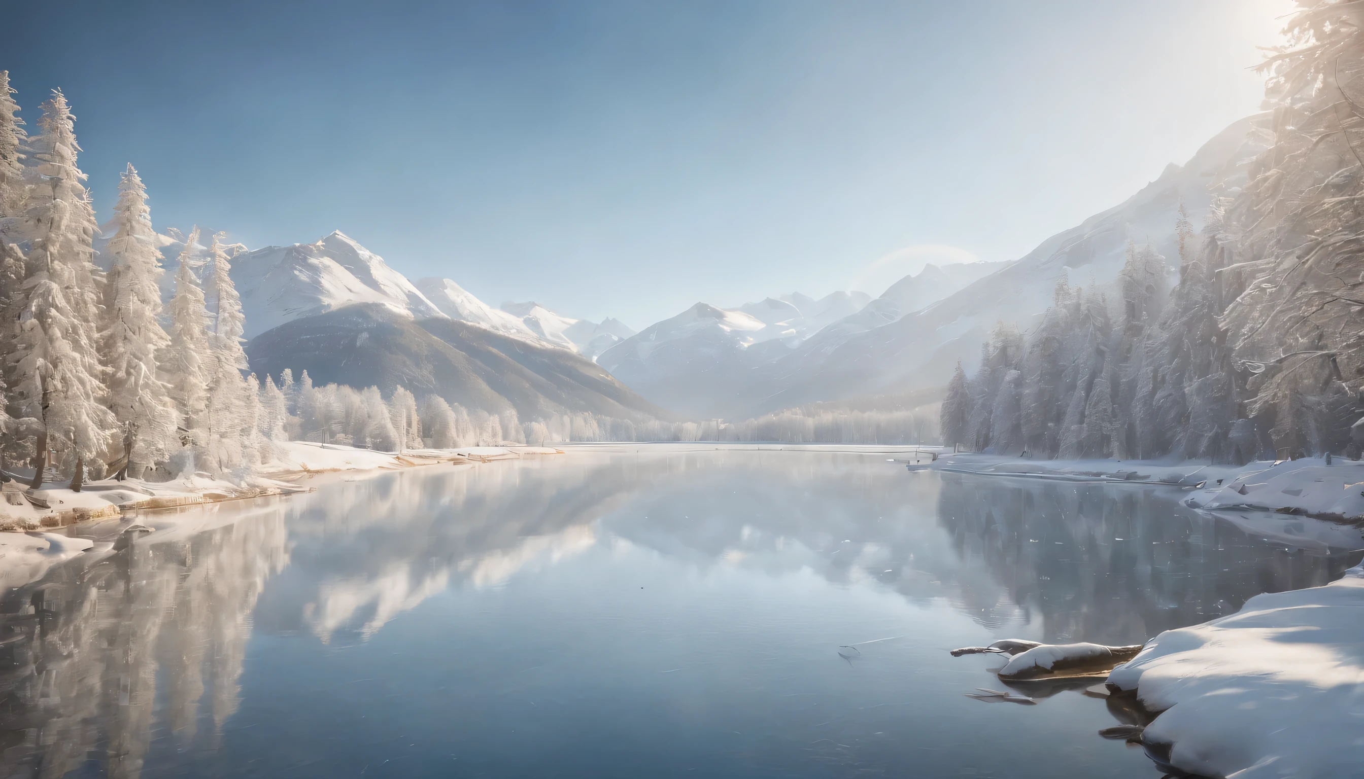 (Highly detailed CG Unity 8K wallpaper、masterpiece、highest quality、Super detailed)、(best lighting、best shadow、very delicate and beautiful)、highest quality、8K、Detailed facial depiction、masterpiece、highest quality、clear image quality、A snowy field spread out on the shore of a quiet lake and a mountain reflected in it々Photo of