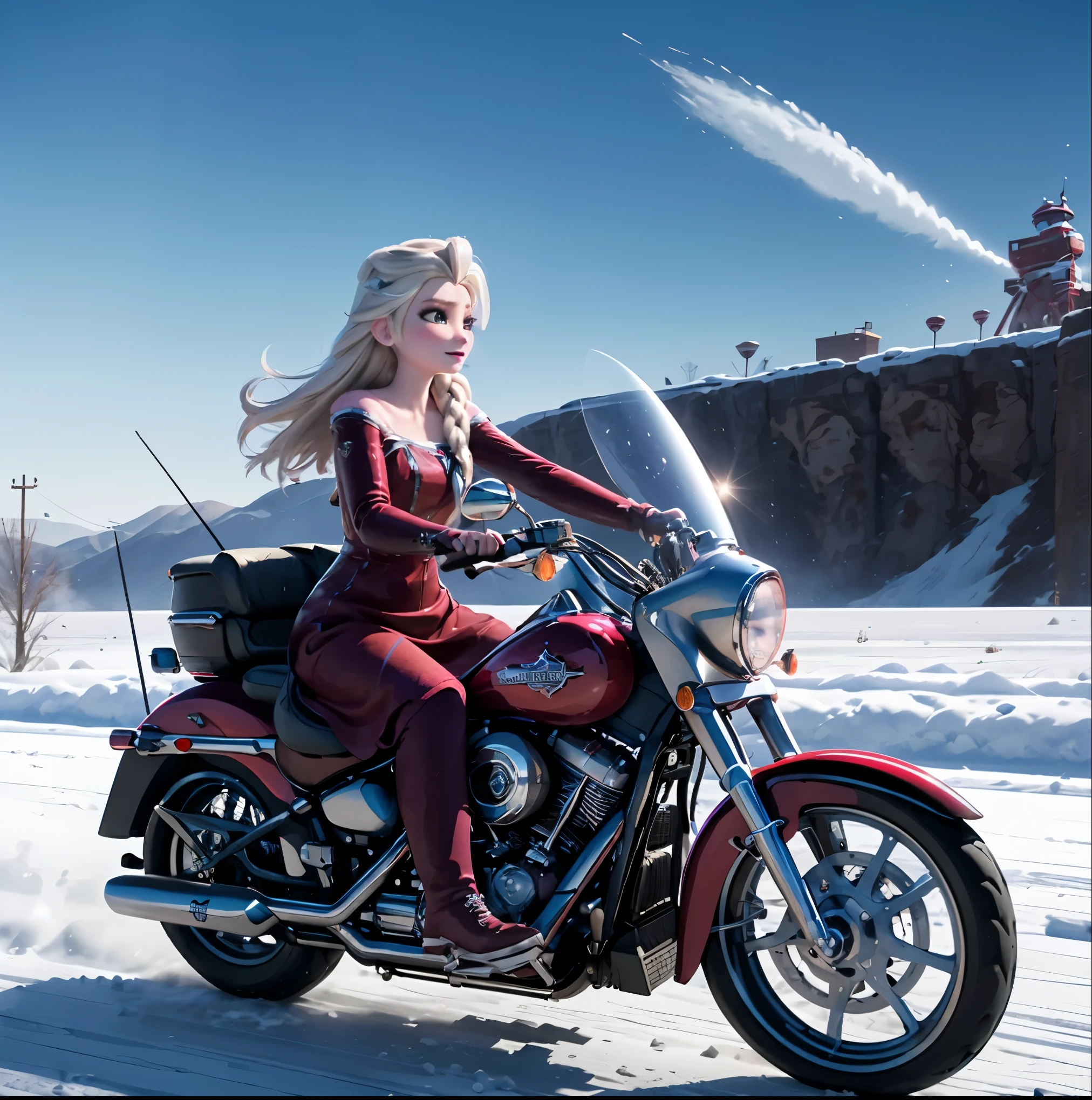 Elsa、beautiful, Elsa, frozen cityscape, high quality、Highway、(Riding a bike with a large red chopper handle)、(Harley)、(American Motorcycles)(long handle)Driving with the front wheels floating at tremendous speeds、Exploding while cutting the wind、Elsa in a snow dress、雪が降る
