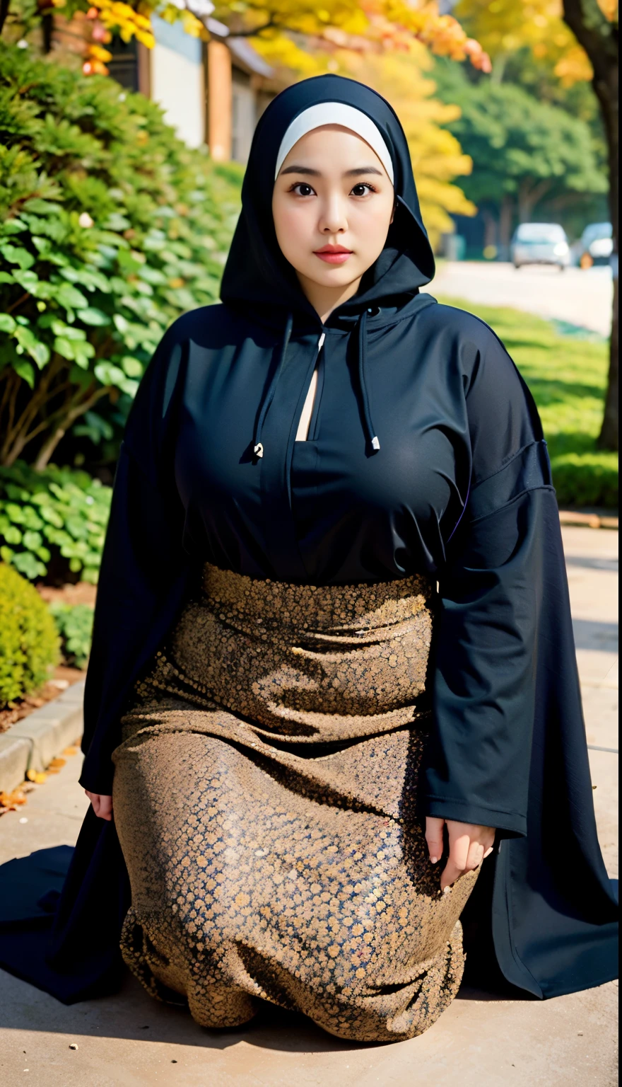 there is a woman kneeling down with a hijab, bbwchan, thicc, hijab outfit, hijab fashion model, korean girl, korean woman, wearing black robe, full length shot, alluring plus sized model, japanese goddess, clothed in hooded, voluptuous and arousing, portrait shot, curvy model, voluptuous body, wonderful, nene tanaka body , bbwchan