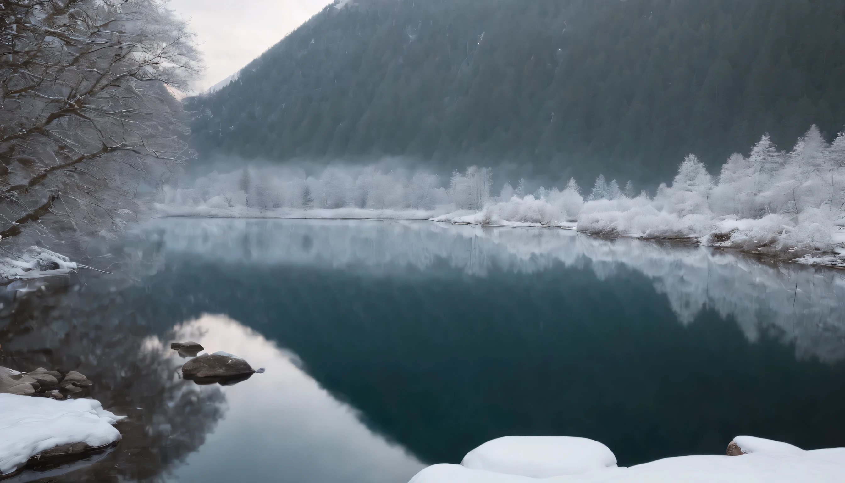 (Highly detailed CG Unity 8K wallpaper、masterpiece、highest quality、Super detailed)、(best lighting、best shadow、very delicate and beautiful)、highest quality、8K、Detailed facial depiction、masterpiece、highest quality、clear image quality、A snowy field spread out on the shore of a quiet lake and a mountain reflected in it々Photo of
