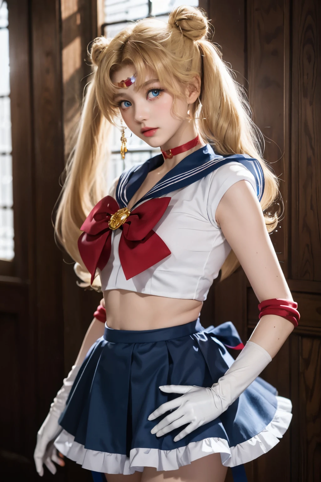 masterpiece, best quality, sailor moon,1girl, long hair,jewelry, sailor senshi uniform, blue sailor collar,blonde hair, red choker,white gloves, twintails, red bow, blue skirt, blue eyes, hair bun,