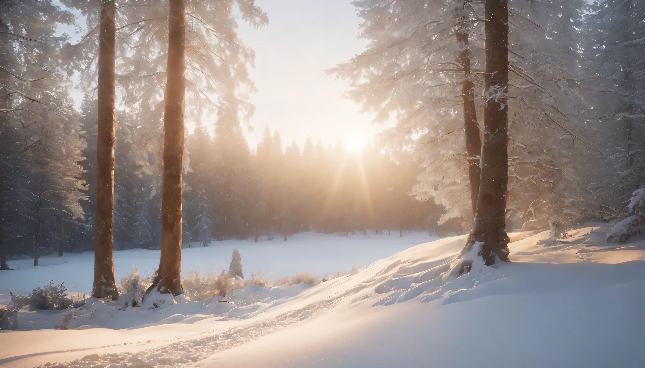 (Highly detailed CG Unity 8K wallpaper、masterpiece、highest quality、Super detailed)、(best lighting、best shadow、very delicate and beautiful)、highest quality、8K、Detailed facial depiction、masterpiece、highest quality、clear image quality、pine tree covered with snow々A photo of a beautiful scenery reflected at dawn