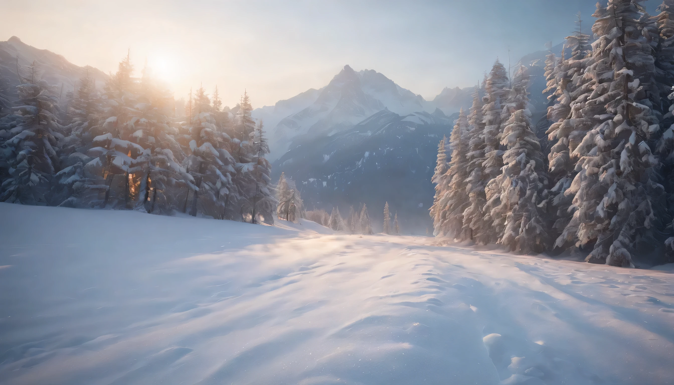 (Highly detailed CG Unity 8K wallpaper、masterpiece、highest quality、Super detailed)、(best lighting、best shadow、very delicate and beautiful)、highest quality、8K、Detailed facial depiction、masterpiece、highest quality、clear image quality、pine tree covered with snow々A photo of a beautiful scenery reflected at dawn